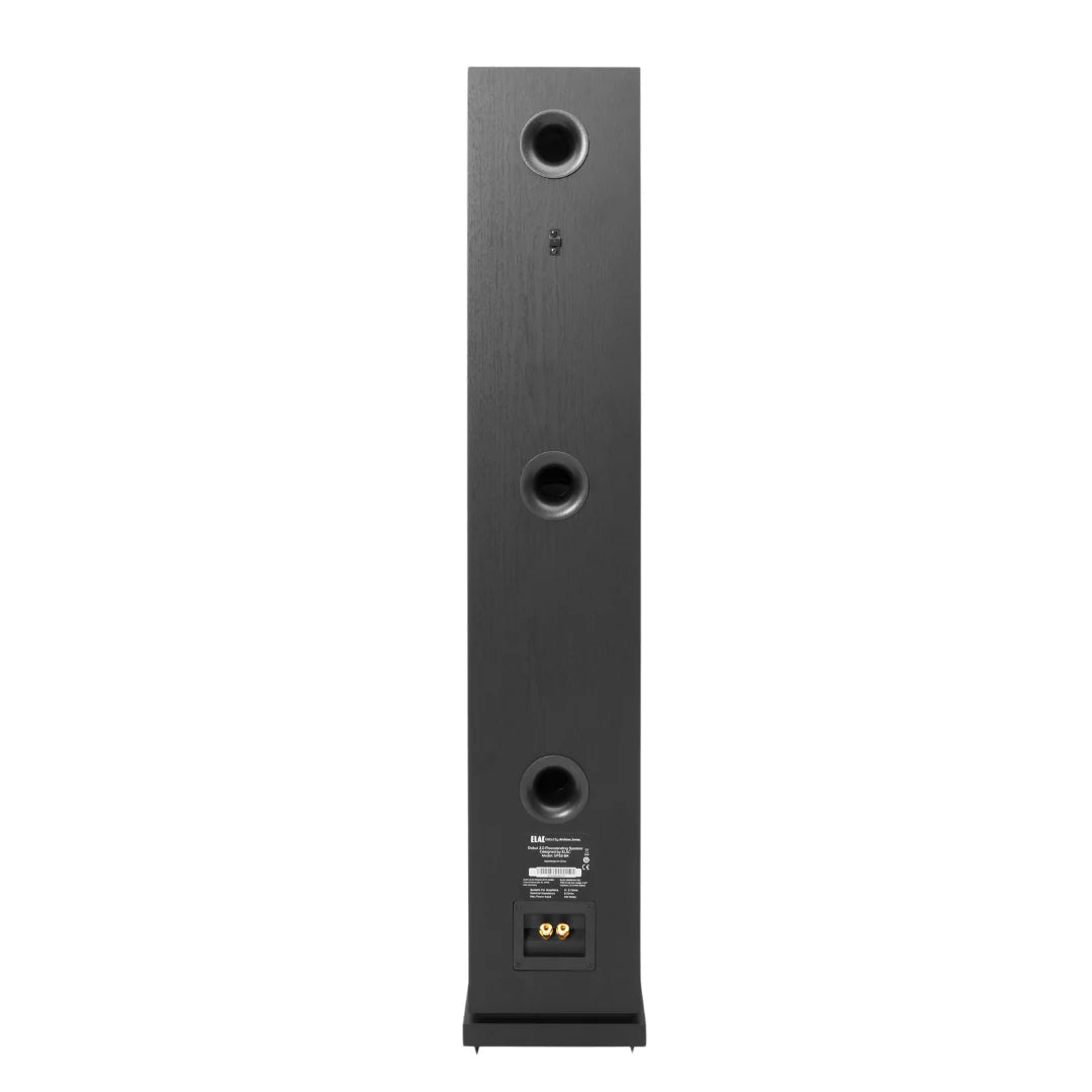 Spate boxă podea ELAC Debut DF6.2 negru cu 3 porturi bass reflex și conectori audio aurii vizibili.