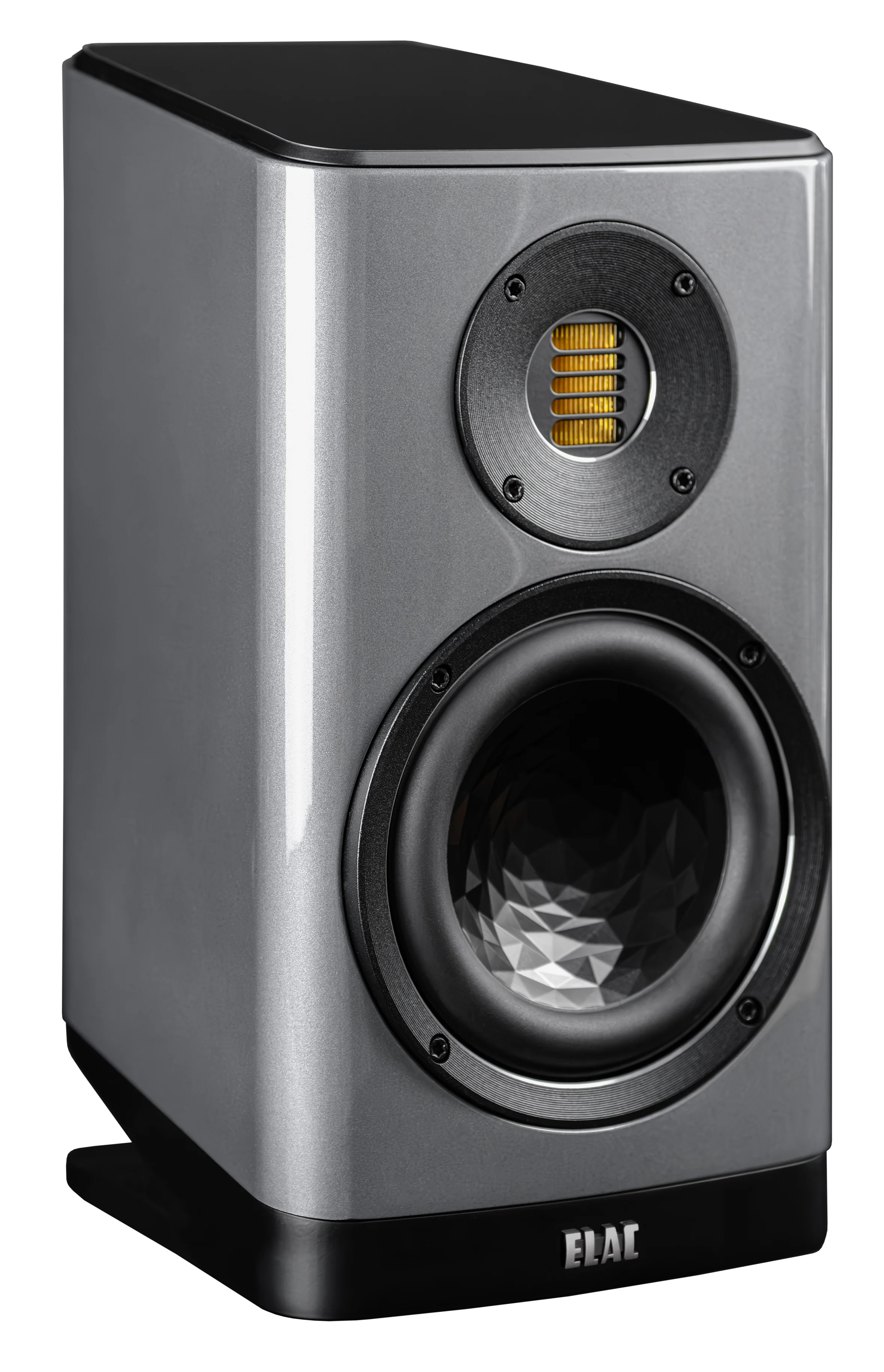 Boxă Elac Vela BS 403.2 gri, vedere frontală unghiulară cu tweeter JET 5 și woofer cu structură geometrică.#color_gray