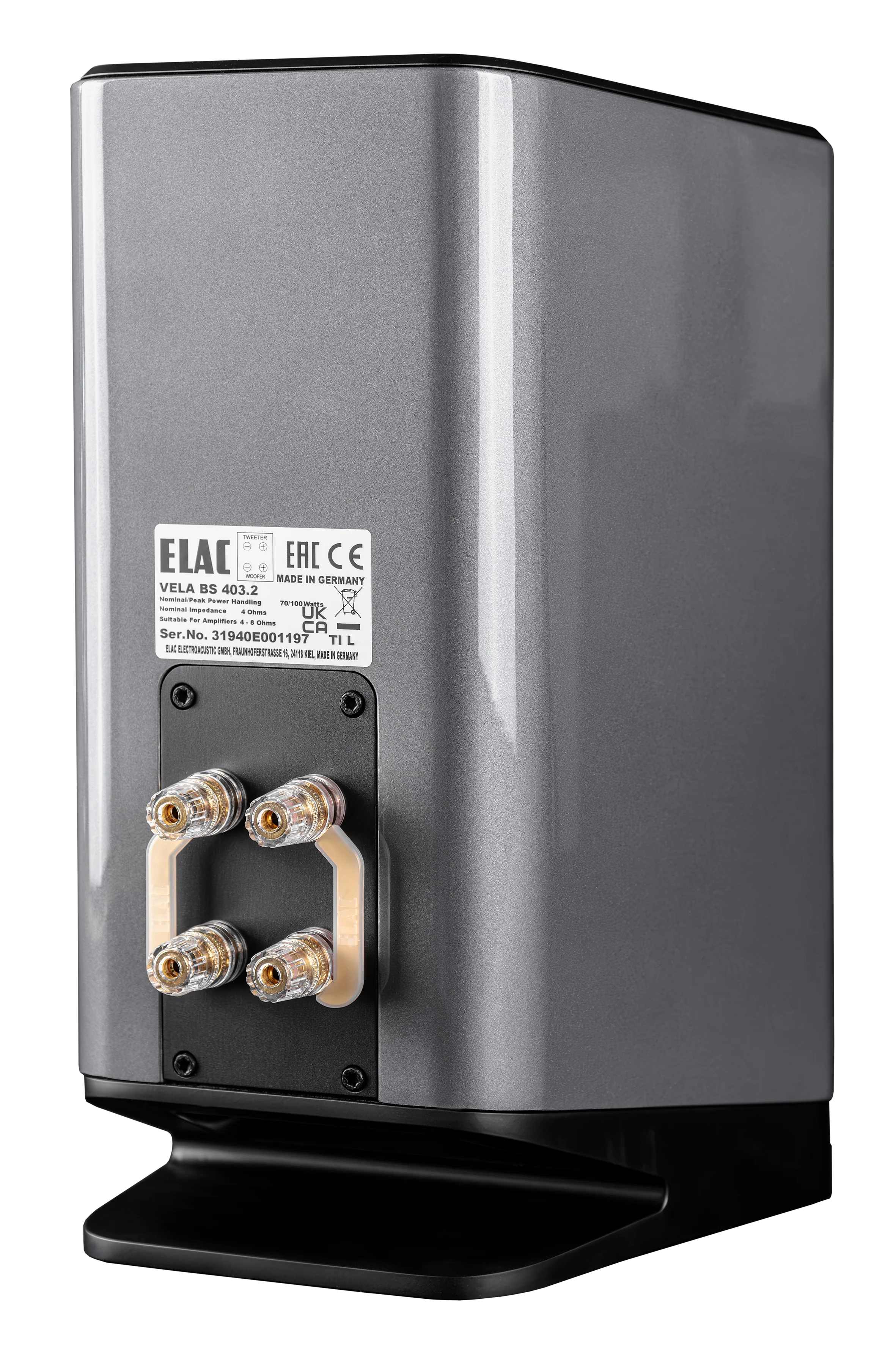 Spate boxă Elac Vela BS 403.2 gri, conectori bi-wire placati cu aur, etichetă specificații vizibilă.