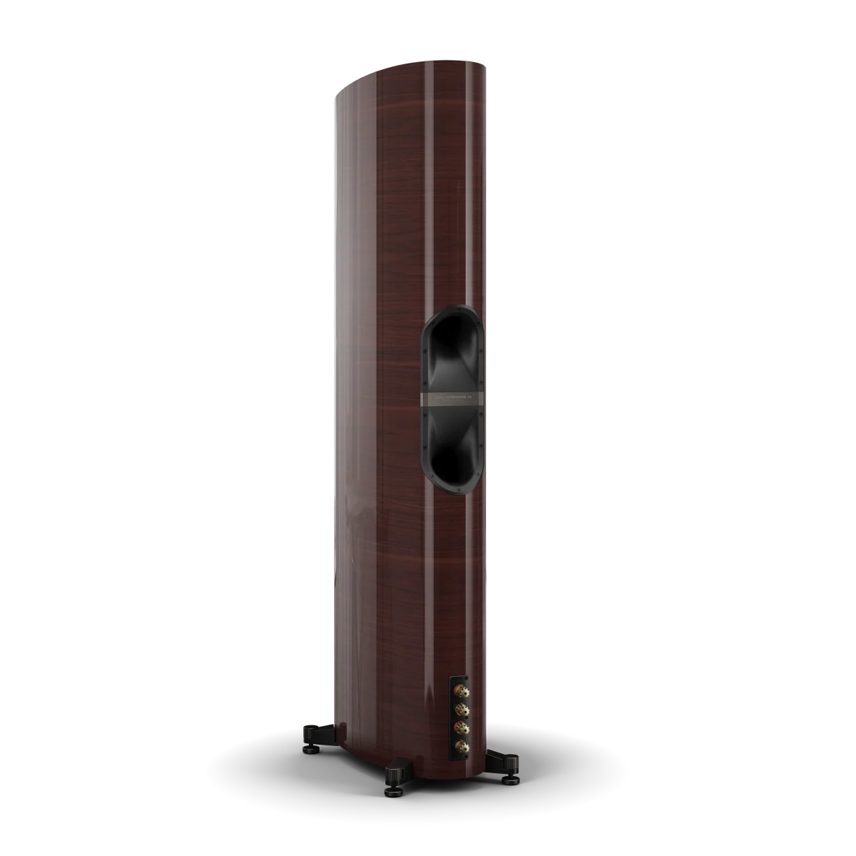 Spatele boxei Dali EPIKORE 11, culoare maroon, arată portul bass reflex și conectorii audio aurii.