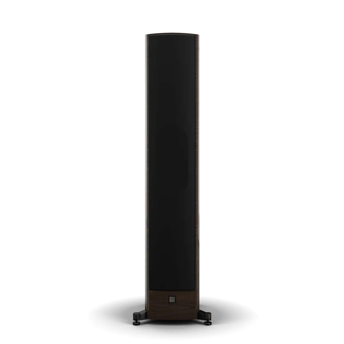 Boxa de podea Dali EPIKORE 11, vedere frontală, culoare nuc, cu grilaj negru. Ideală pentru home theater.