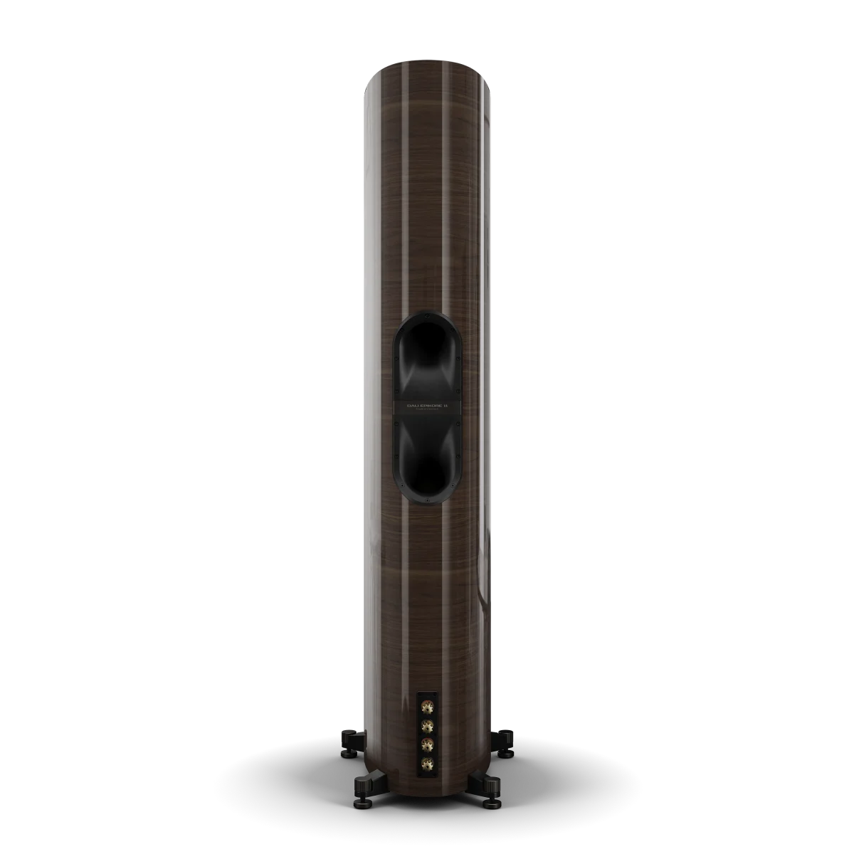 Spatele boxei Dali EPIKORE 11, finisaj nuc, cu port bass reflex și conectori pentru cabluri audio.