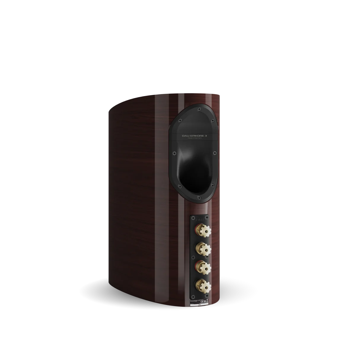 Boxa Dali EPIKORE 3, vedere spate, culoare maroon, cu port bass reflex și conectori audio vizibili.