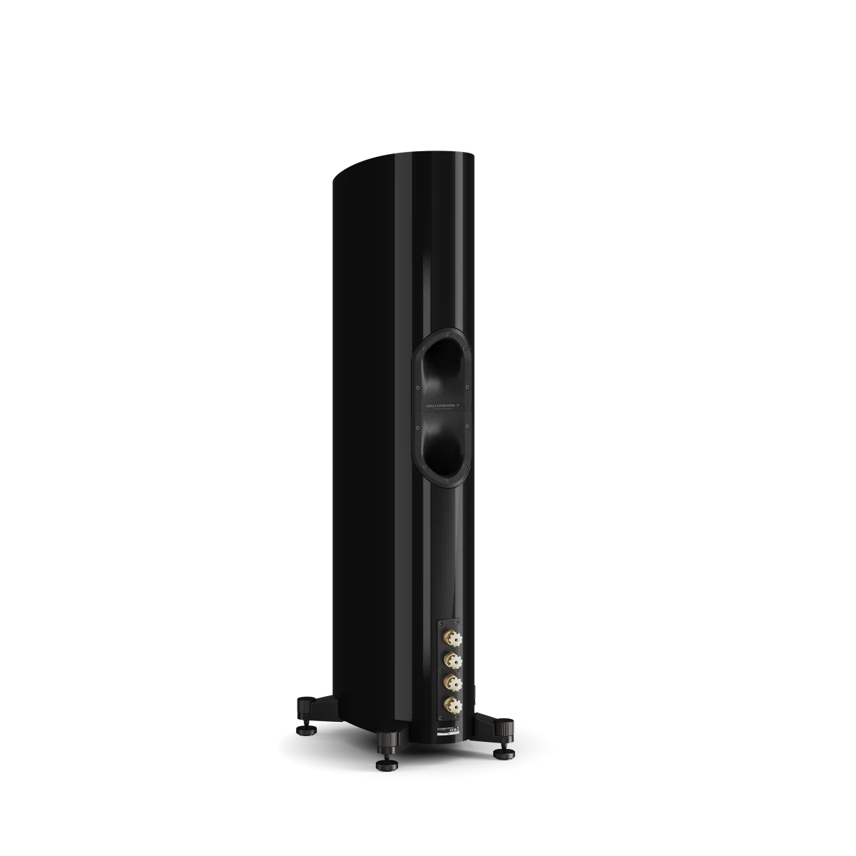 Spatele boxei Dali EPIKORE 7, culoare neagră, arată portul de bas reflex și conectorii de intrare audio.