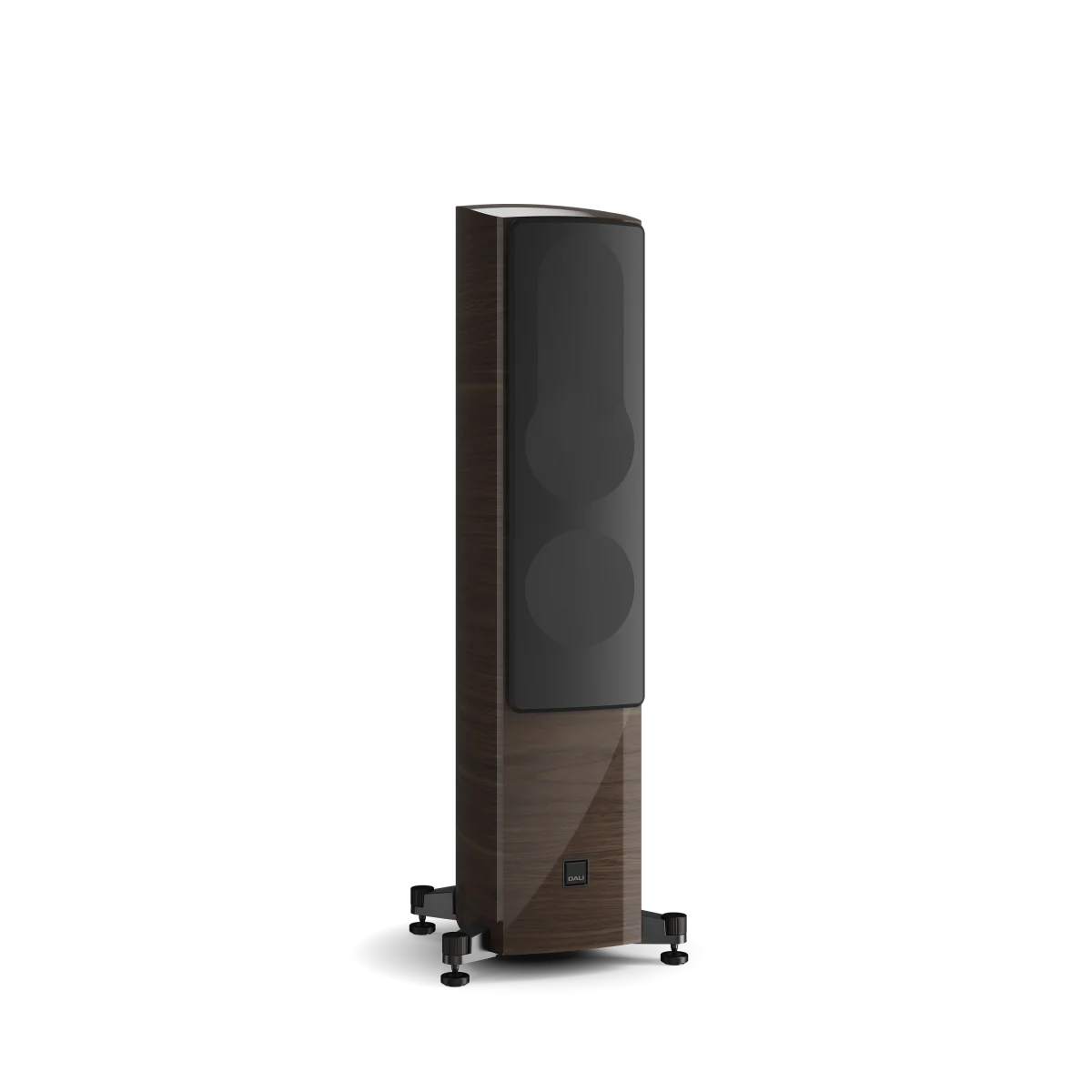 Boxa de podea Dali EPIKORE 7, culoare nuc, cu grilaj frontal vizibil. Design vertical, suporti incluși.