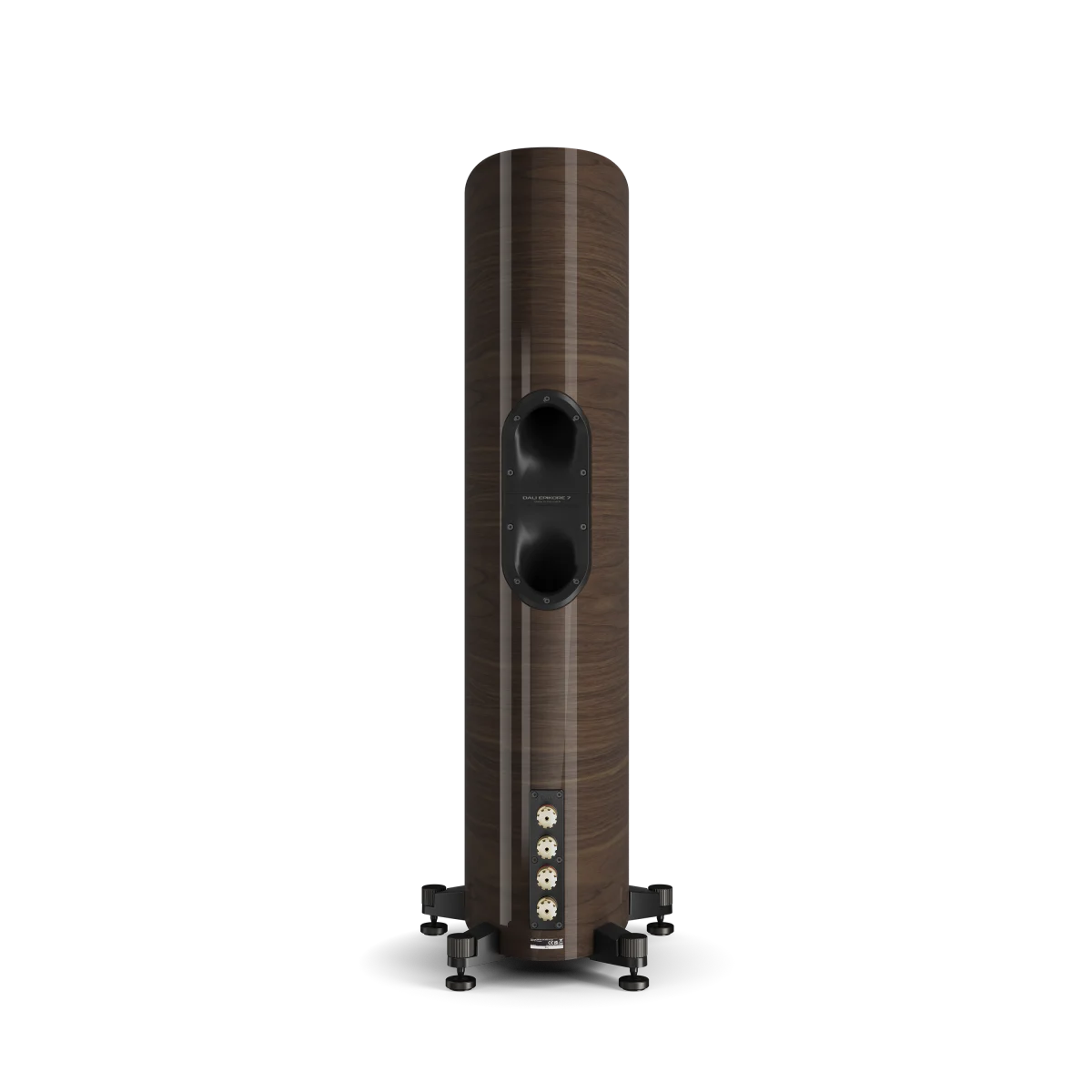 Spatele boxei Dali EPIKORE 7, finisaj nuc, arată porturile de bas reflex și conectorii pentru cabluri audio.