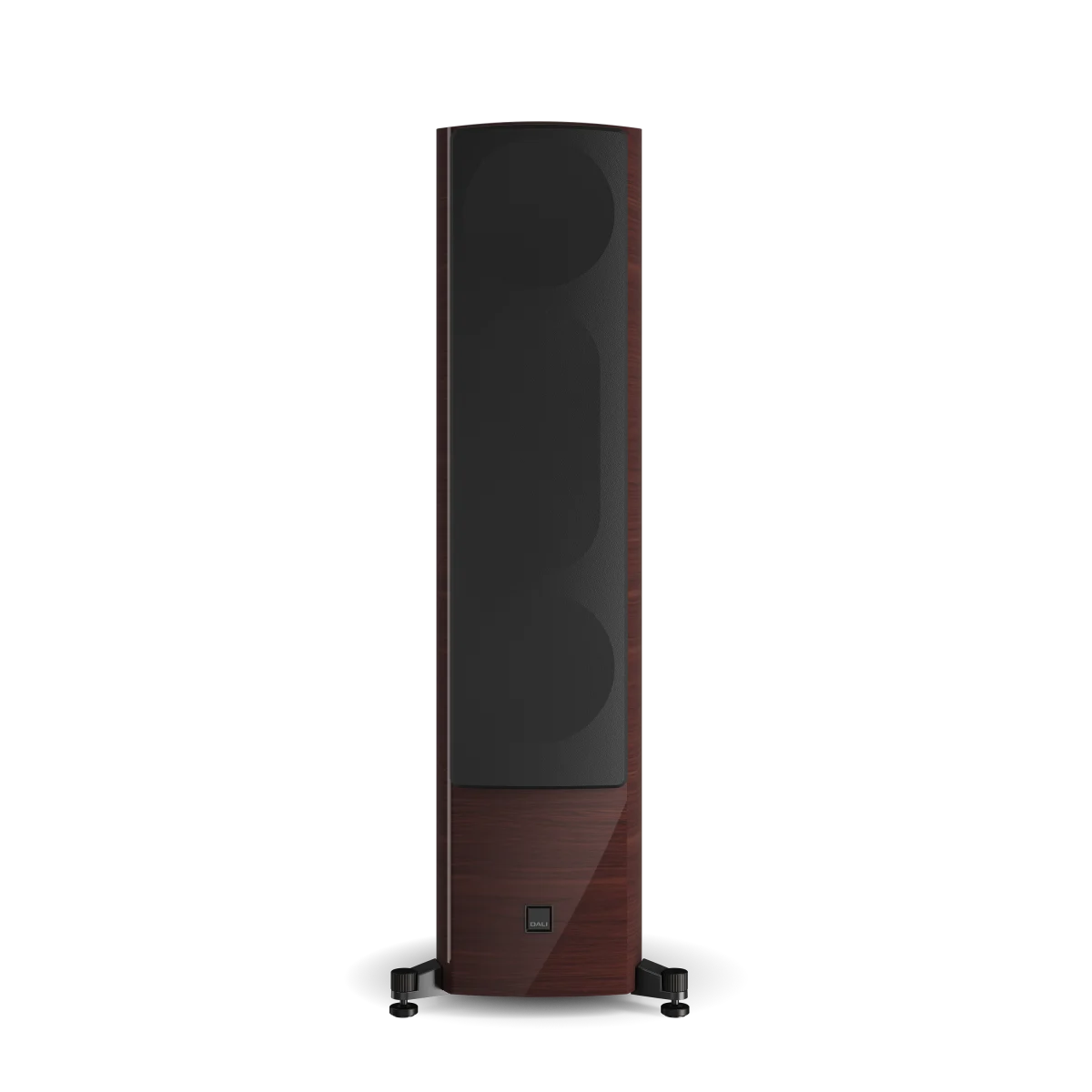 Boxă de podea Dali EPIKORE 9, maroon, vedere frontală cu grilaj negru, suporturi metalice vizibile.