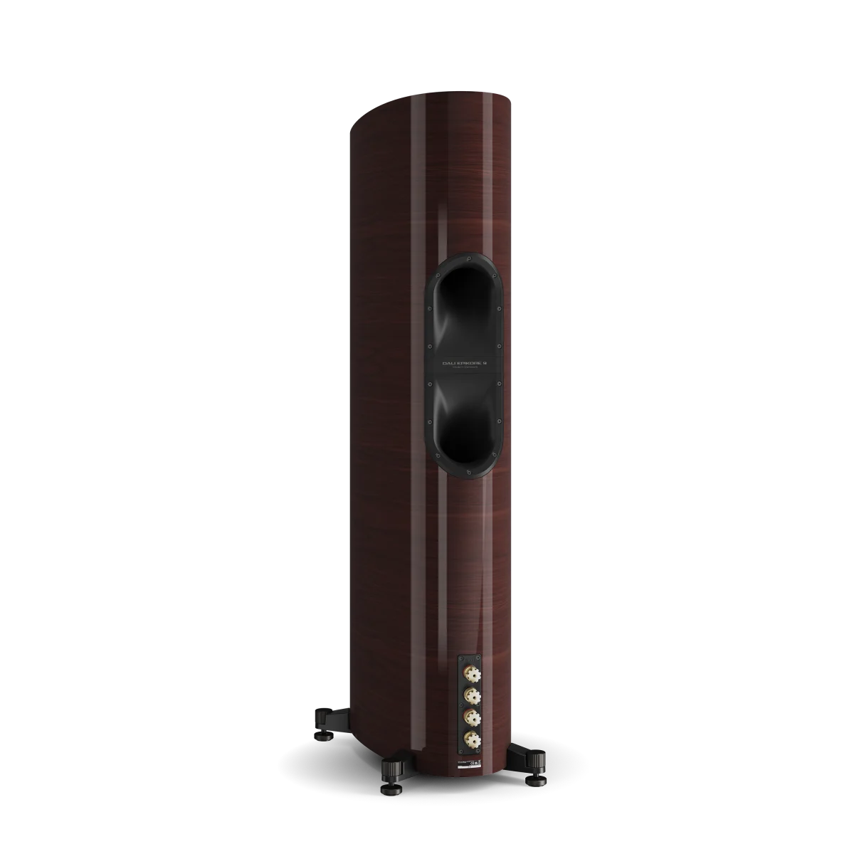 Spatele boxei Dali EPIKORE 9, culoare maroon, cu porturi de conectare și orificiu bass reflex vizibile.