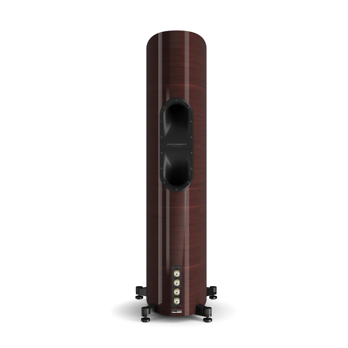 Spatele boxei Dali EPIKORE 9, culoare maroon, cu port reflex și conectori vizibili pentru cabluri audio.