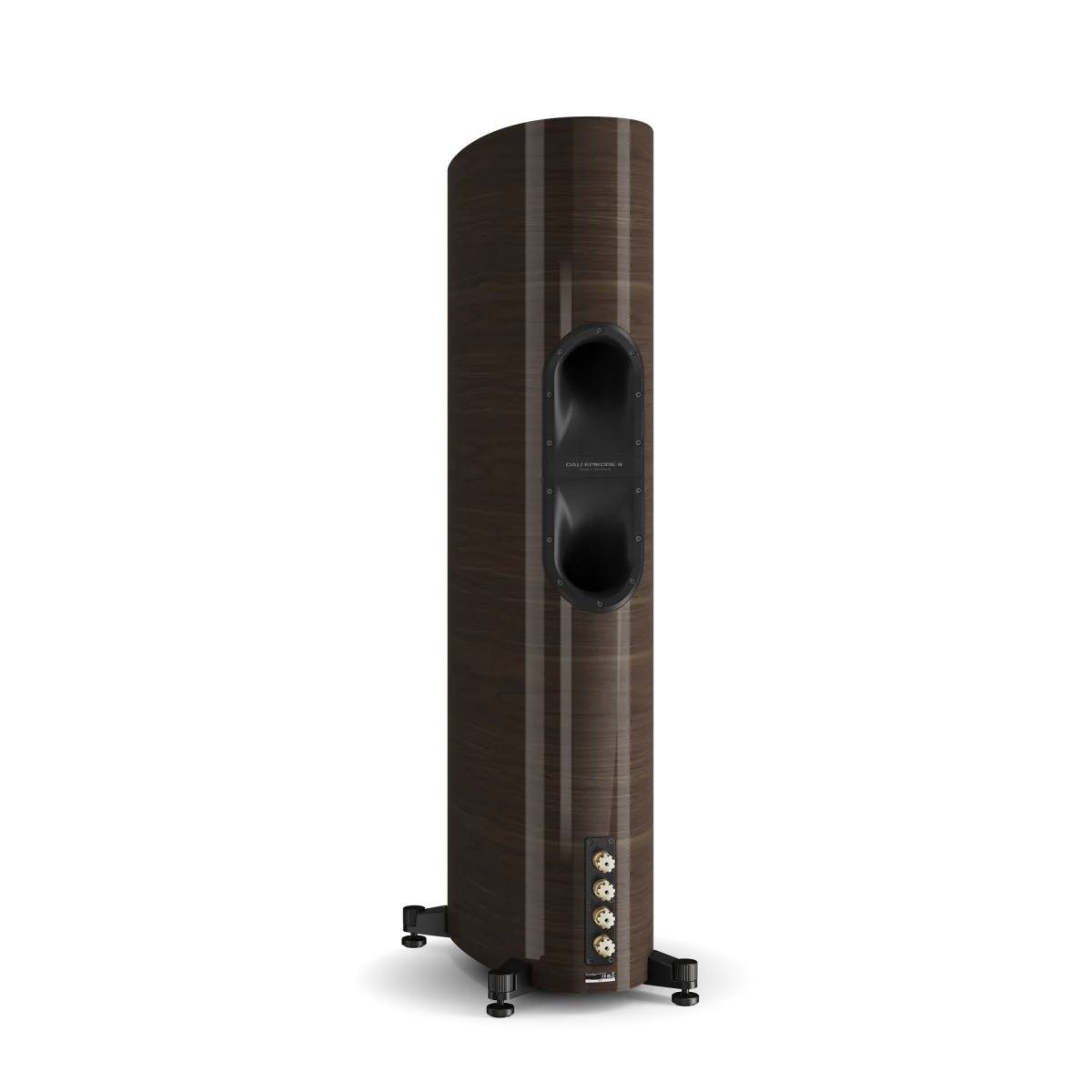 Spatele boxei Dali EPIKORE 9, finisaj nuc, arată porturile de bas reflex și conectorii pentru cabluri audio.