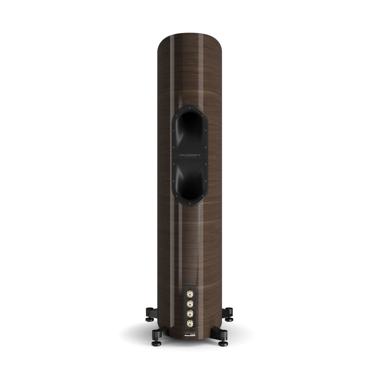 Spatele boxei Dali EPIKORE 9, finisaj nuc, cu port bass reflex și conectori audio vizibili.