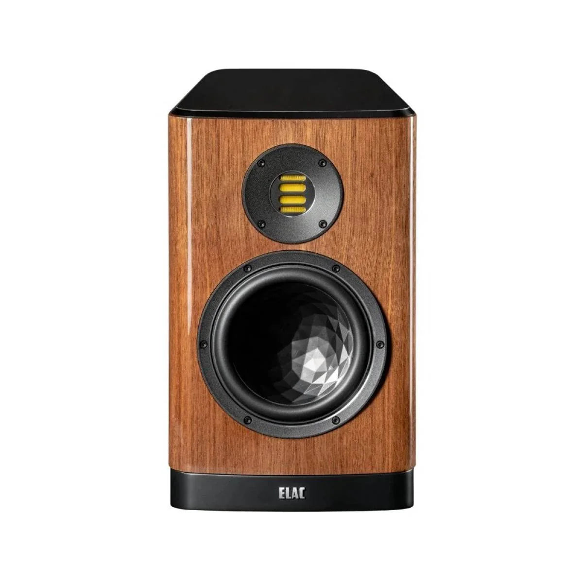 Boxă de raft Elac Vela BS 404.2, vedere frontală, finisaj lemn, tweeter JET și woofer cu structură 3D.
