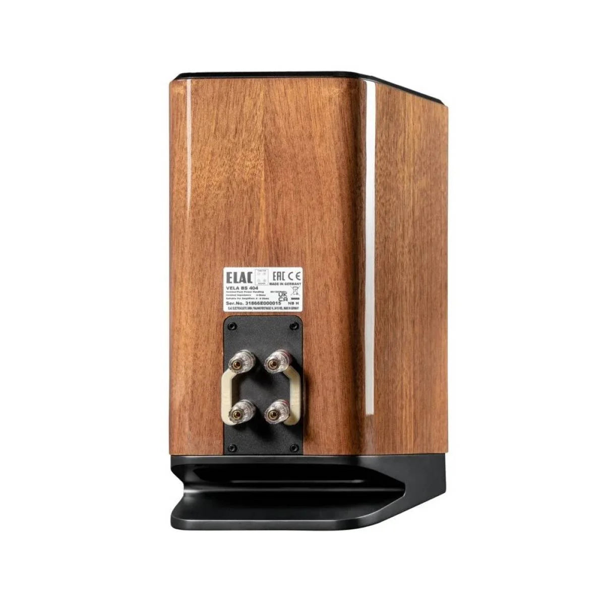 Spate boxă Elac Vela BS 404.2 finisaj lemn, conectori bi-wire aurii și panou identificare model.