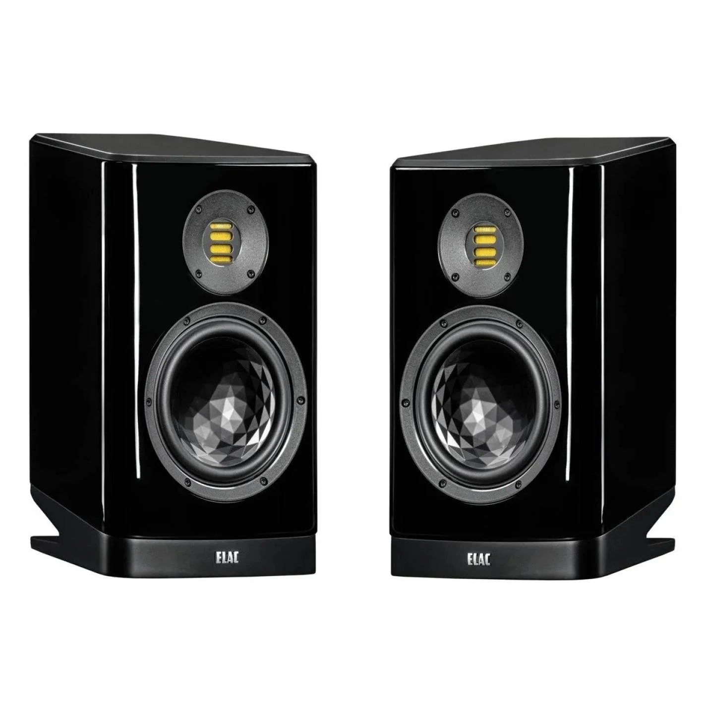 Boxe Elac Vela BS 404.2 negre, vedere frontală, difuzoare midbass cu structură hexagonală și tweeter AMT.