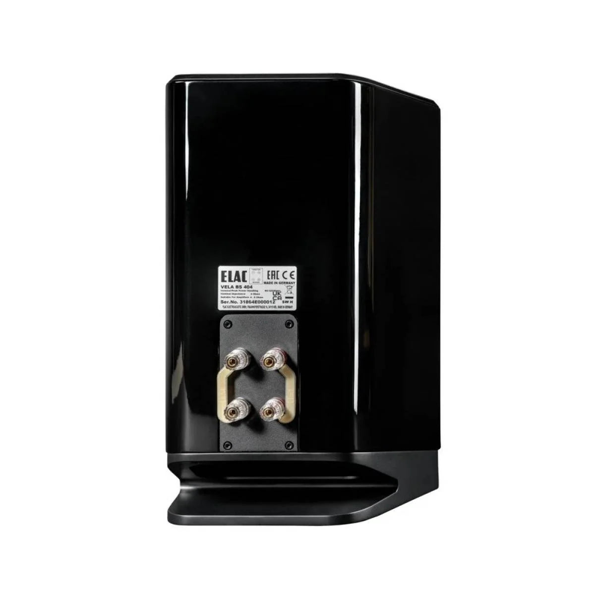 Spate Elac Vela BS 404.2 negru, conectori bi-wire/bi-amp vizibili și etichetă specificații tehnice.