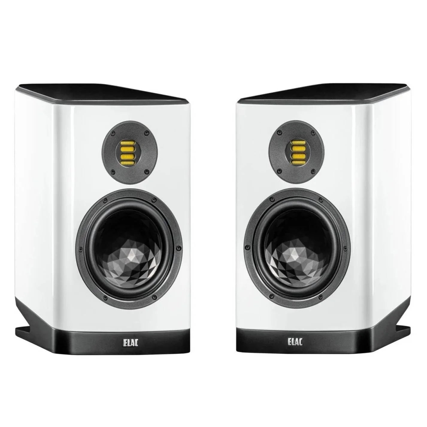 Boxe de raft Elac Vela BS 404.2 albe, vedere frontală, cu tweeter JET 5 și woofer cu structură geometrică.
