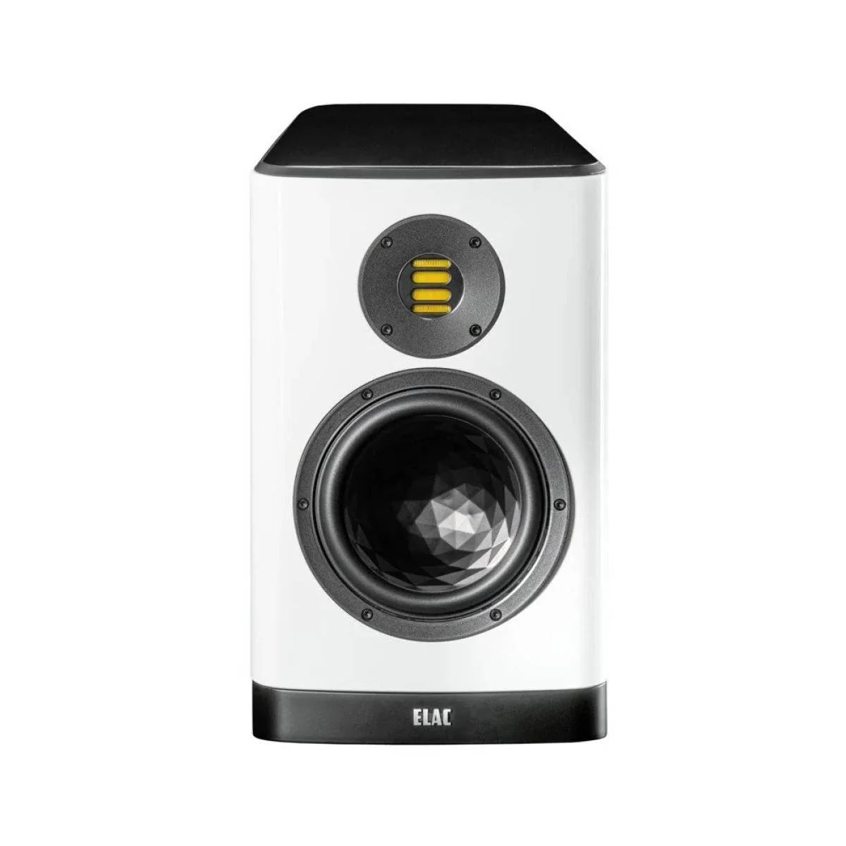 Boxă Elac Vela BS 404.2 albă, vedere frontală, tweeter JET 5 și woofer cu structură geometrică vizibile.