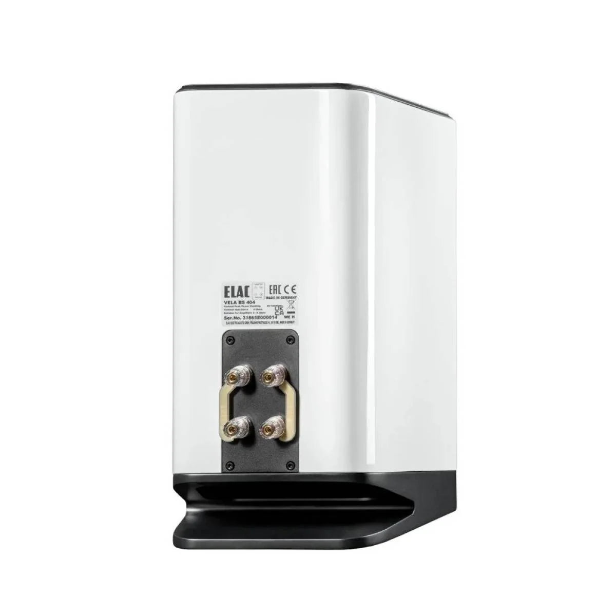 Spate boxă Elac Vela BS 404.2 albă, conectori bi-wire aurii vizibili și plăcuță identificare produs.