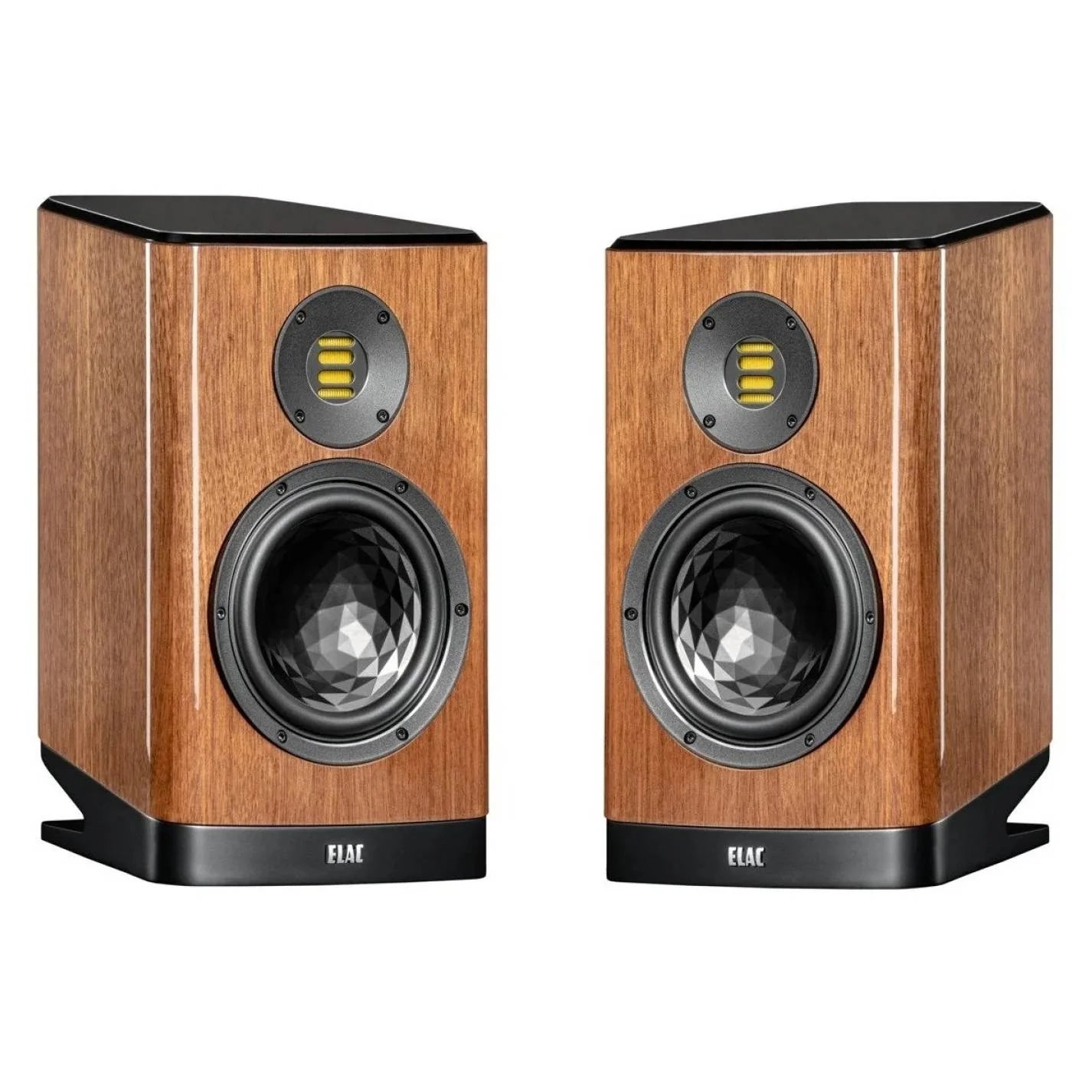 Boxe de raft Elac Vela BS 404.2, vedere frontală, finisaj lemn, difuzor midbass cu structură geometrică.