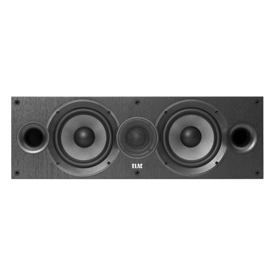 Boxă centrală ELAC Debut DC6.2, vedere frontală, culoare neagră, cu 2 woofer-e, tweeter și 2 porturi bass reflex.