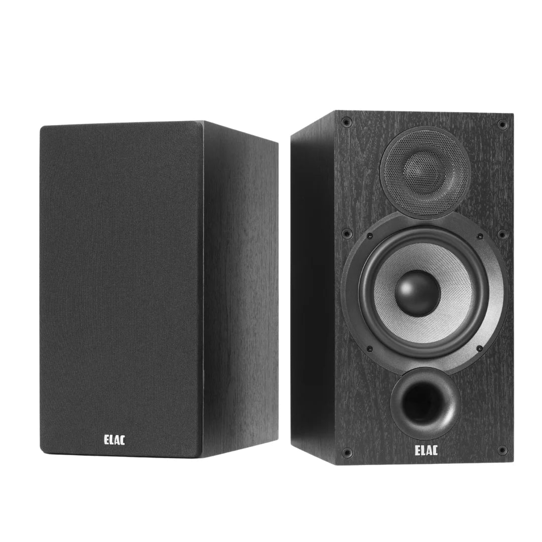 Boxe ELAC Debut B6.2 negre, vedere frontală, cu grilaj detașabil, woofer 6.5", tweeter 1" și port bass reflex.