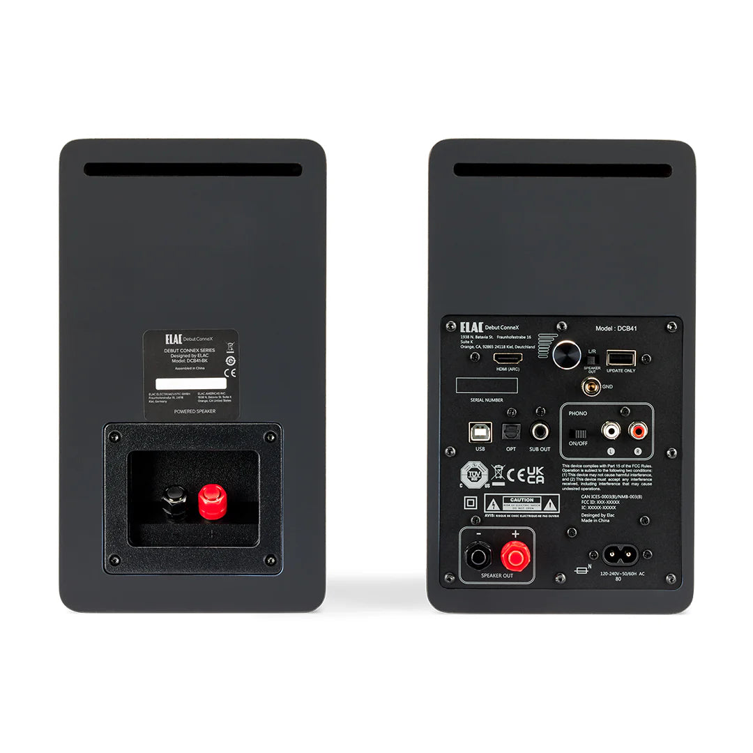Spatele boxelor active Elac Debut ConneX DCB41 Black Ash, cu porturi RCA, USB, optic, phono și ieșire subwoofer.