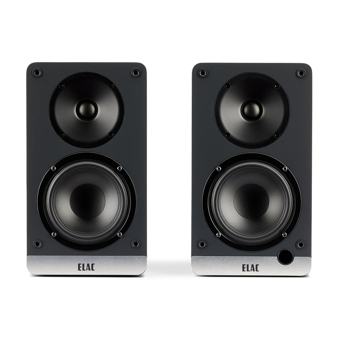 Boxe active Elac Debut ConneX DCB41 Black Ash, vedere frontală cu difuzoare midbass și tweeter vizibile.