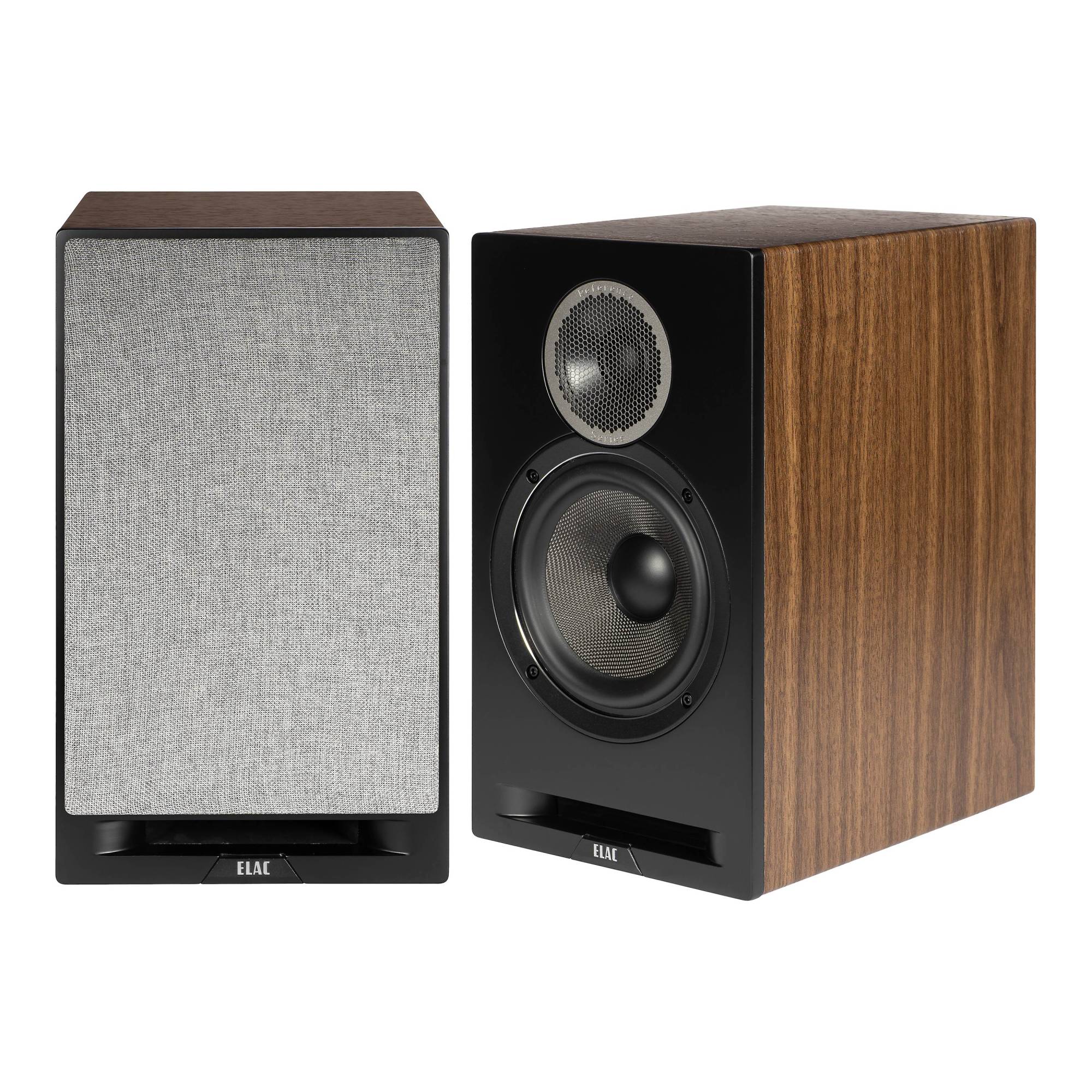 Boxe de raft Elac Debut Reference DBR6.2 black-wood, vedere frontală și laterală, tweeter și woofer vizibile.