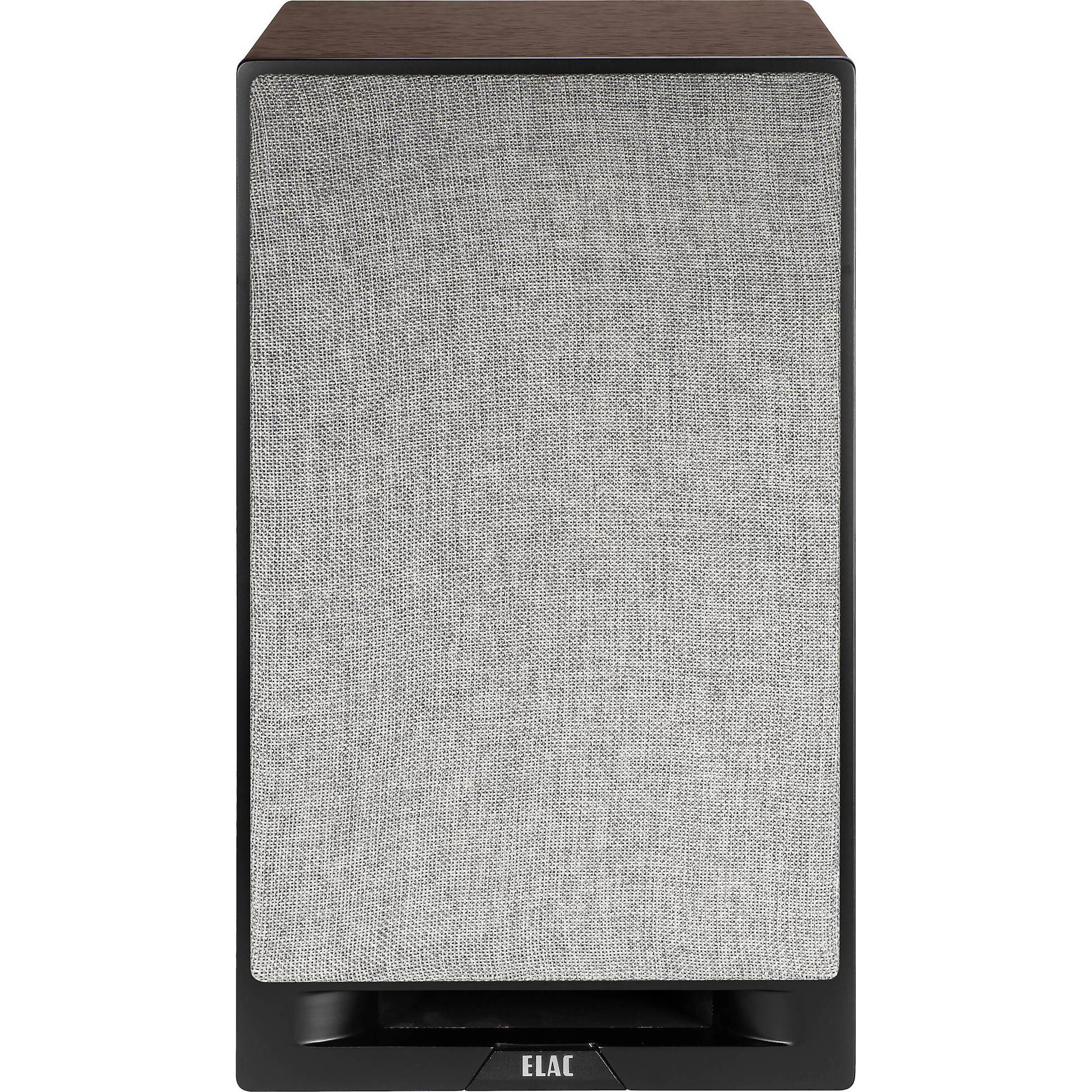 Boxă Elac Debut Reference DBR6.2 negru-wood, vedere frontală cu grilaj textil montat, logo Elac vizibil.