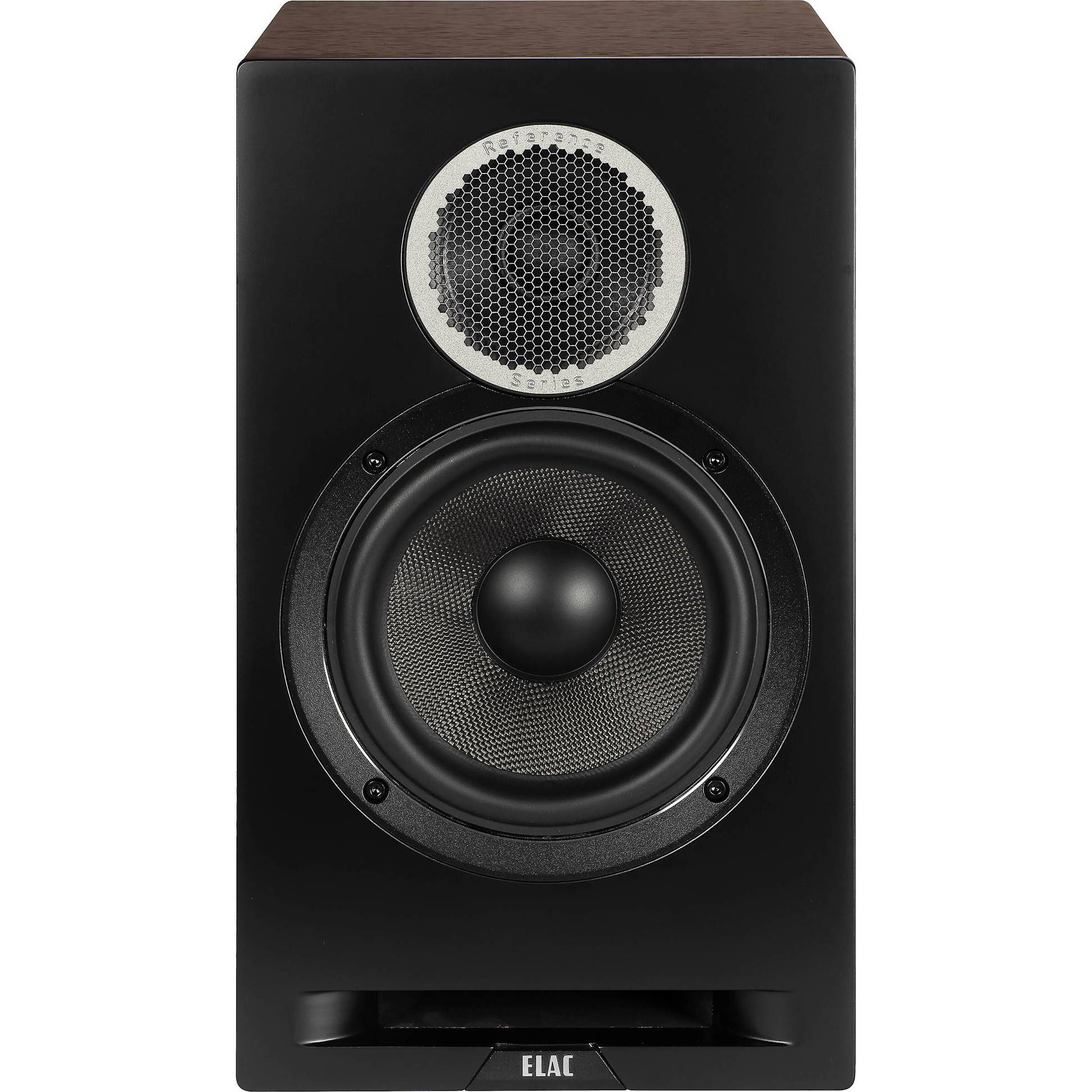 Boxă Elac Debut Reference DBR6.2 negru/wood, vedere frontală cu tweeter protejat și woofer vizibil.