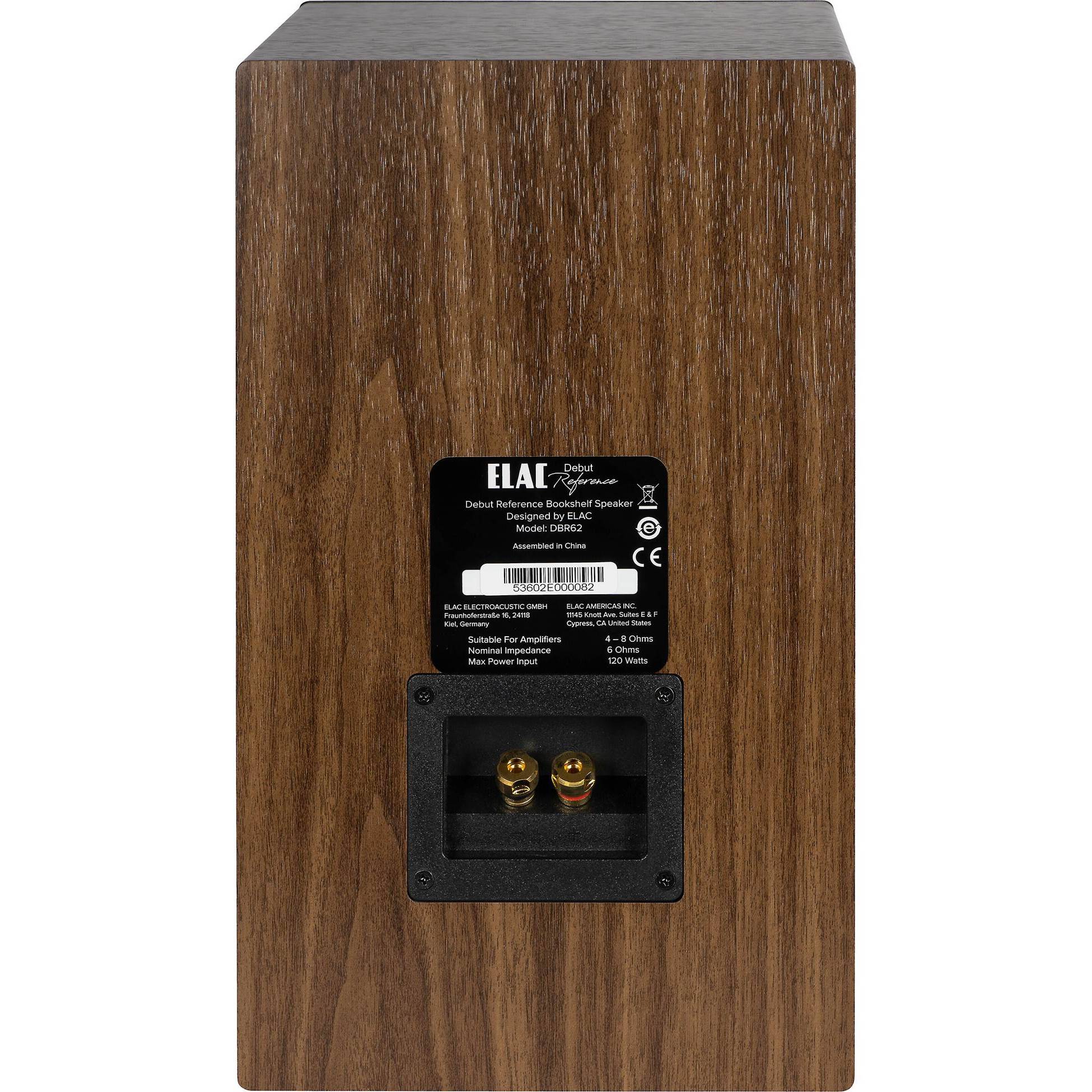 Spate boxă Elac Debut Reference DBR6.2 black wood, conectori aurii, etichetă specificații vizibilă.