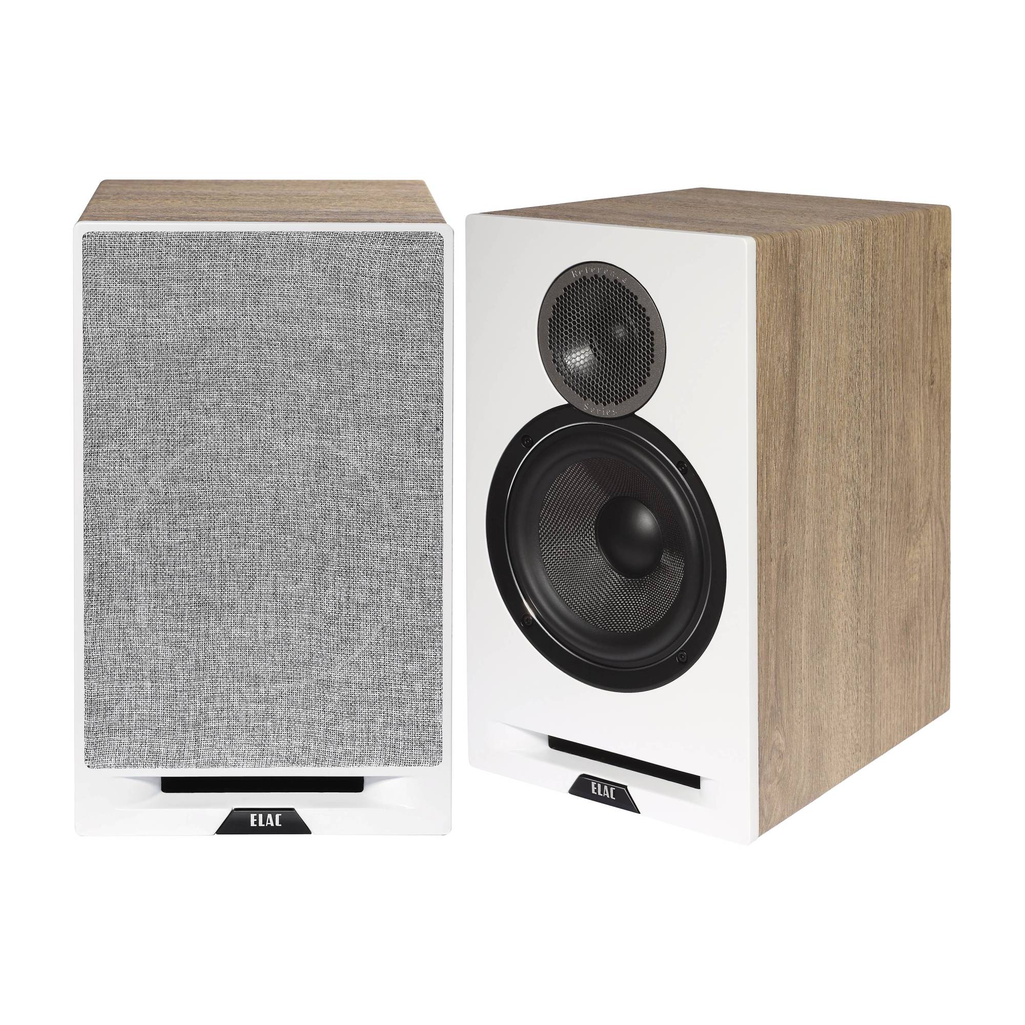 Boxe de raft Elac Debut Reference DBR6.2, față albă, laterale finisaj lemn, grilaj textil detașabil.
