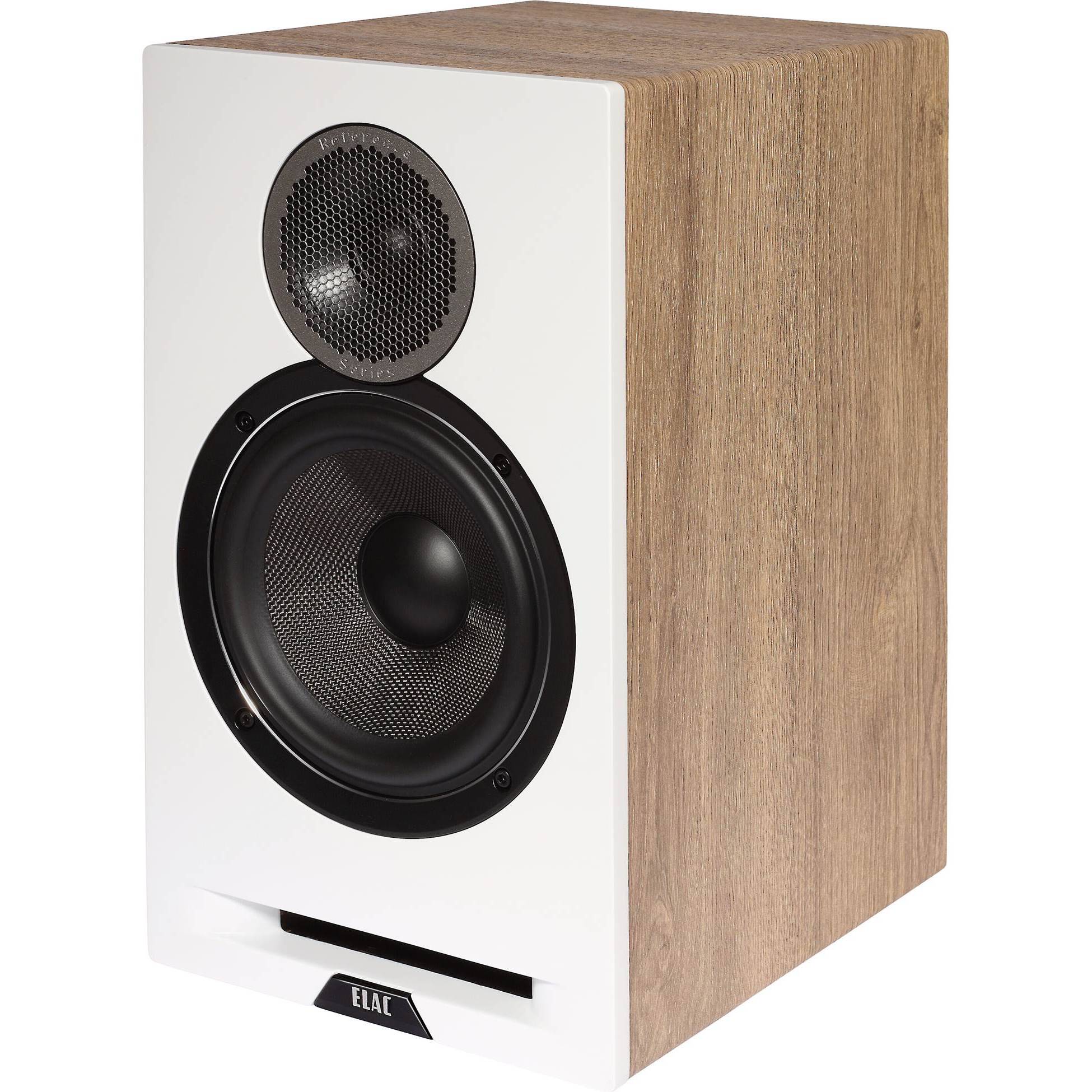 Boxă Elac Debut Reference DBR6.2, vedere față-lateral, finisaj alb cu laterale din lemn, tweeter și woofer vizibile.