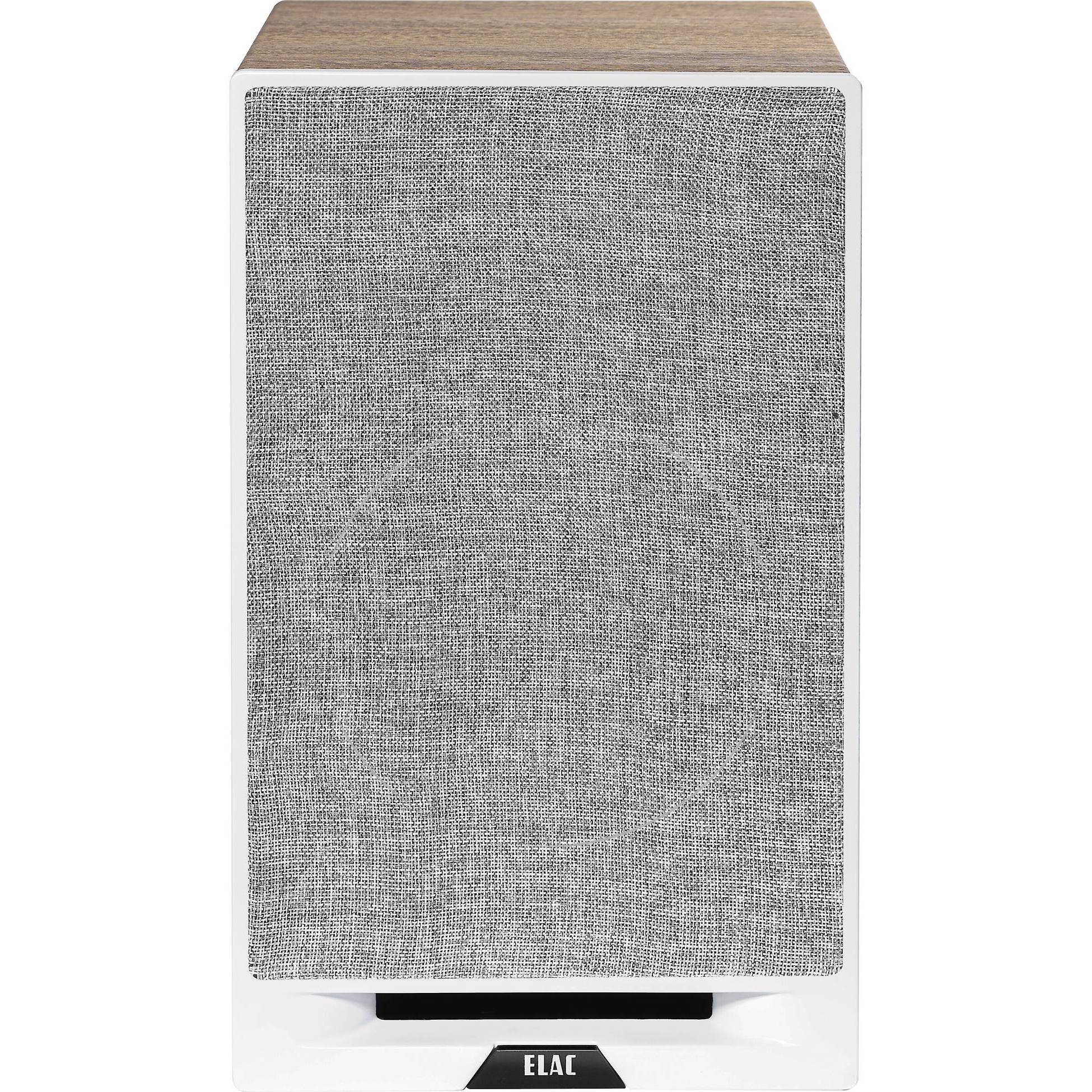 Boxă Elac Debut Reference DBR6.2 alb-lemn, vedere frontală cu grilaj textil gri și logo Elac vizibil.