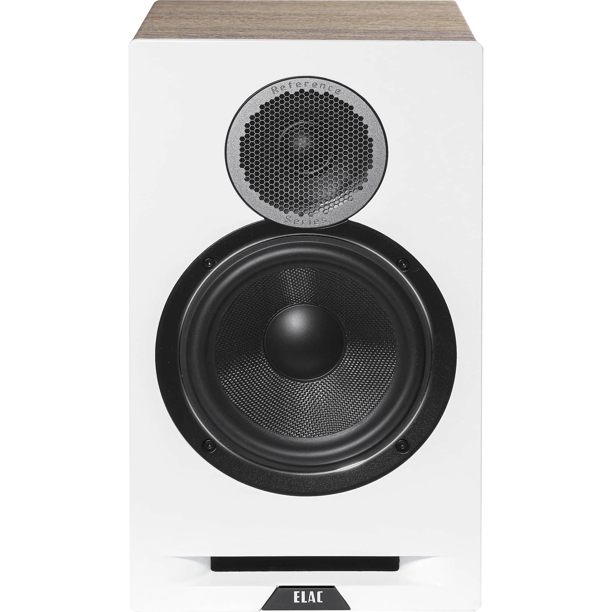 Boxă Elac Debut Reference DBR6.2 alb-wood, vedere frontală cu tweeter și woofer vizibile, port bass reflex.