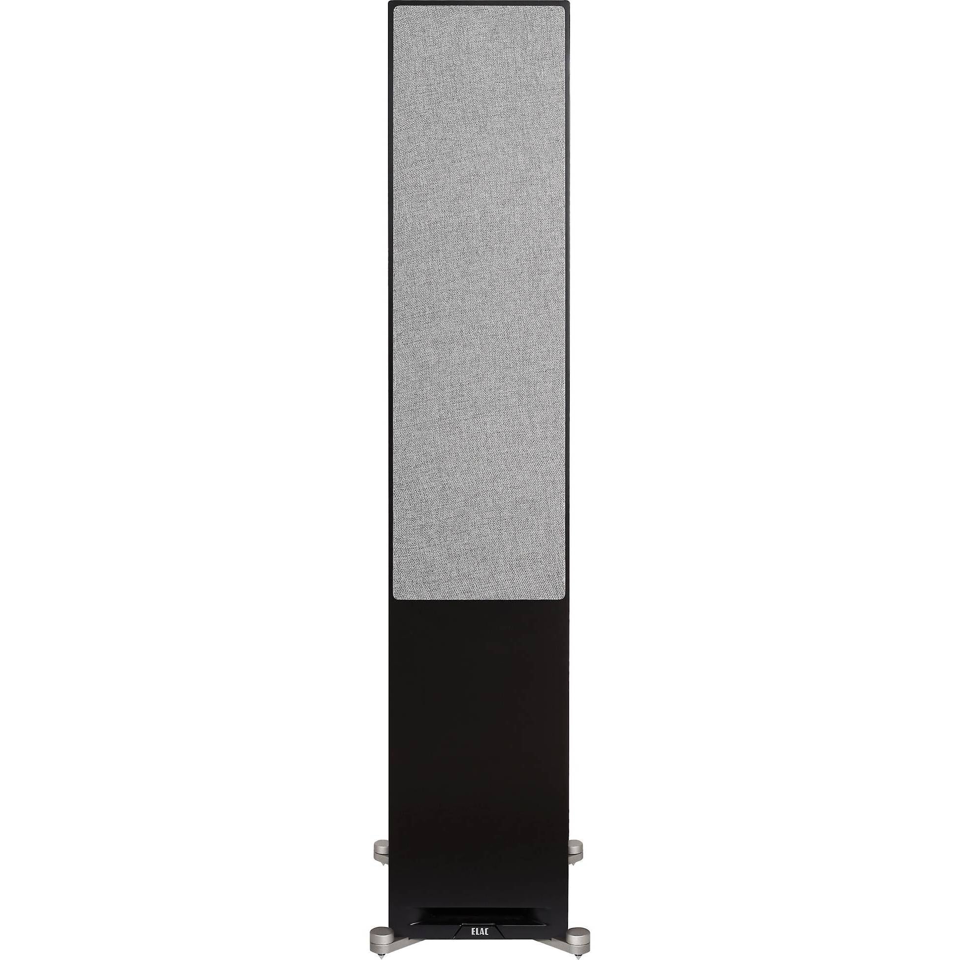 Boxă de podea Elac Debut Reference DFR5.2 negru, vedere frontală cu grill textil gri montat.