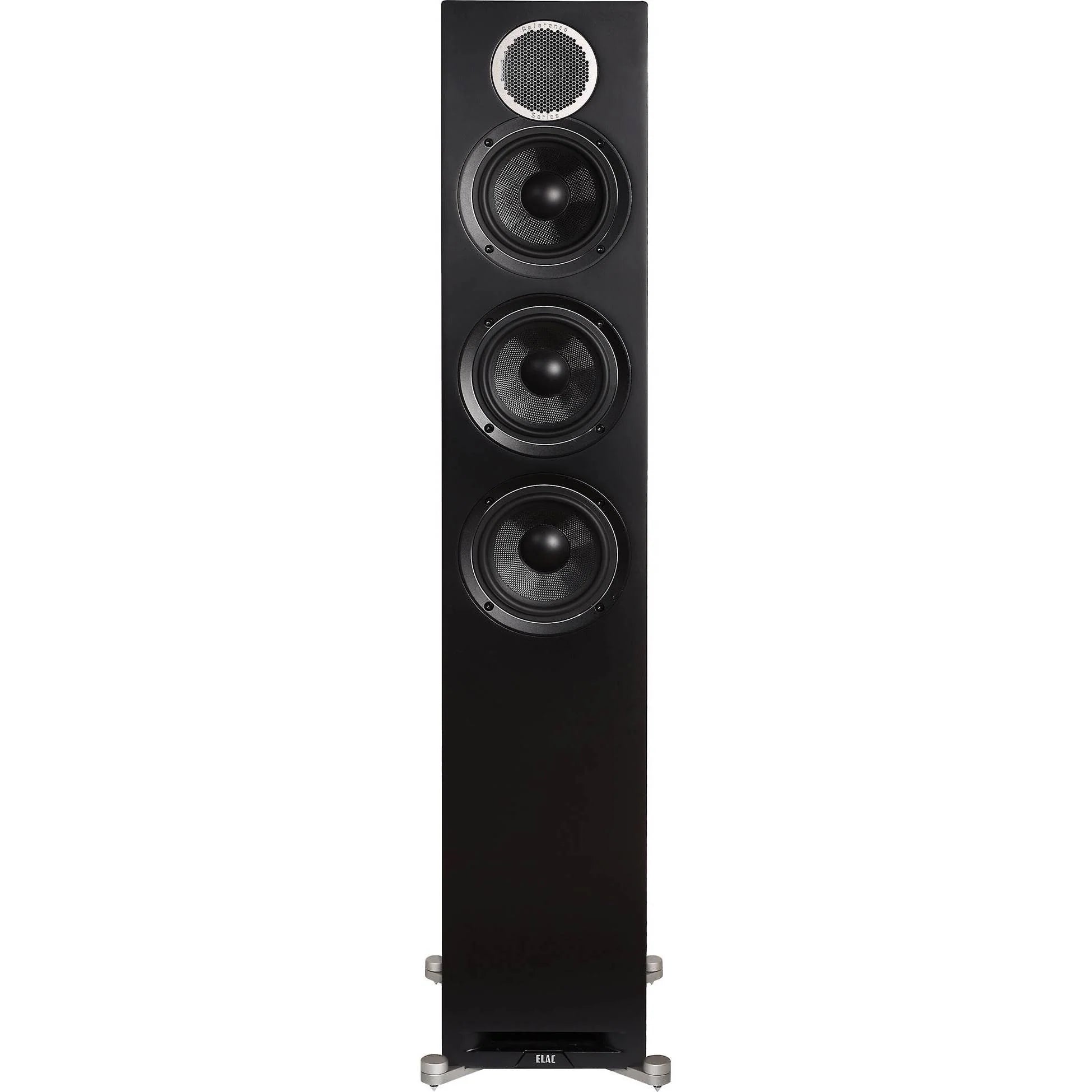 Boxă de podea Elac Debut Reference DFR5.2 negru, vedere frontală cu 3 difuzoare și tweeter circular.