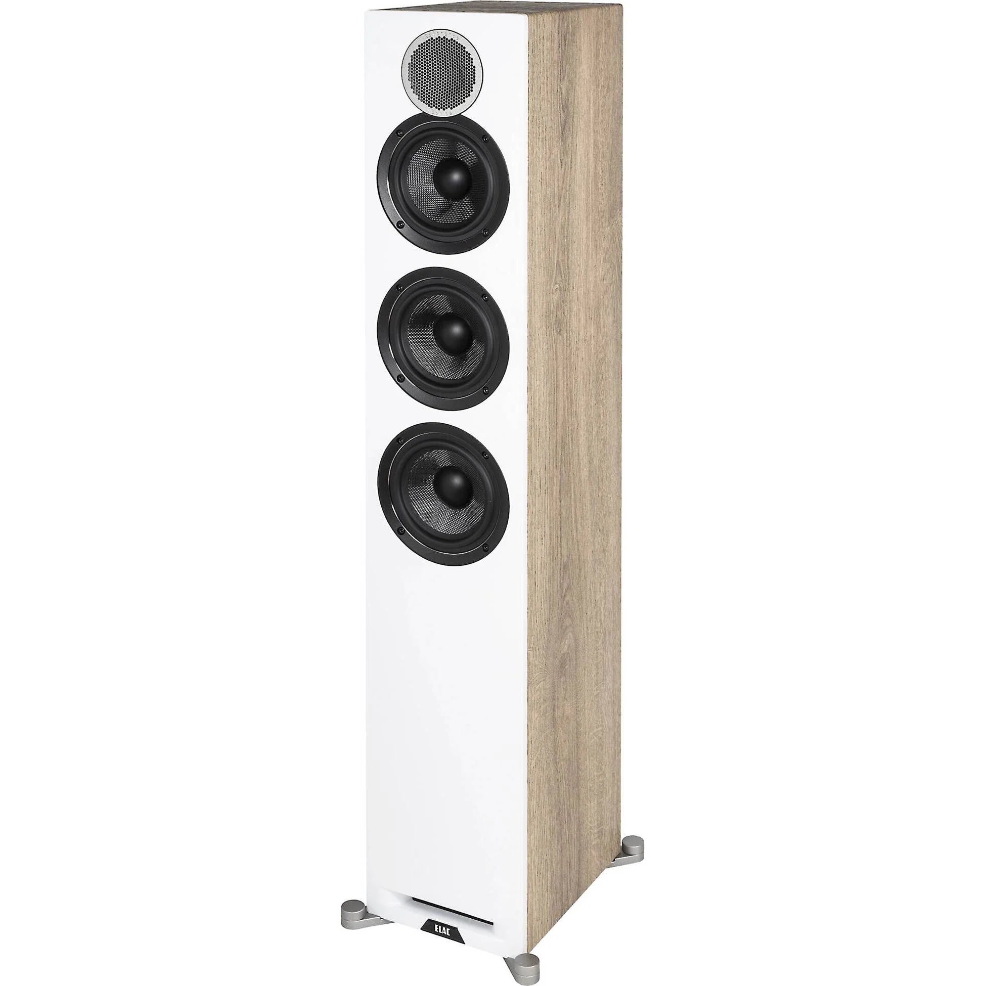 Boxă de podea Elac Debut Reference DFR5.2, vedere frontală, finisaj alb cu laterale lemn, 4 difuzoare vizibile.