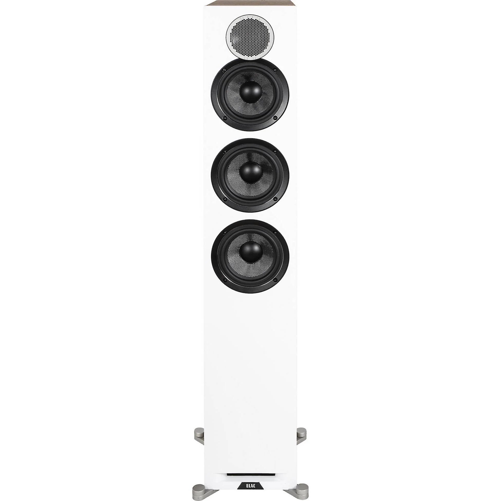 Boxă de podea Elac Debut Reference DFR5.2, vedere frontală, finisaj alb cu lemn, 3 difuzoare și tweeter.