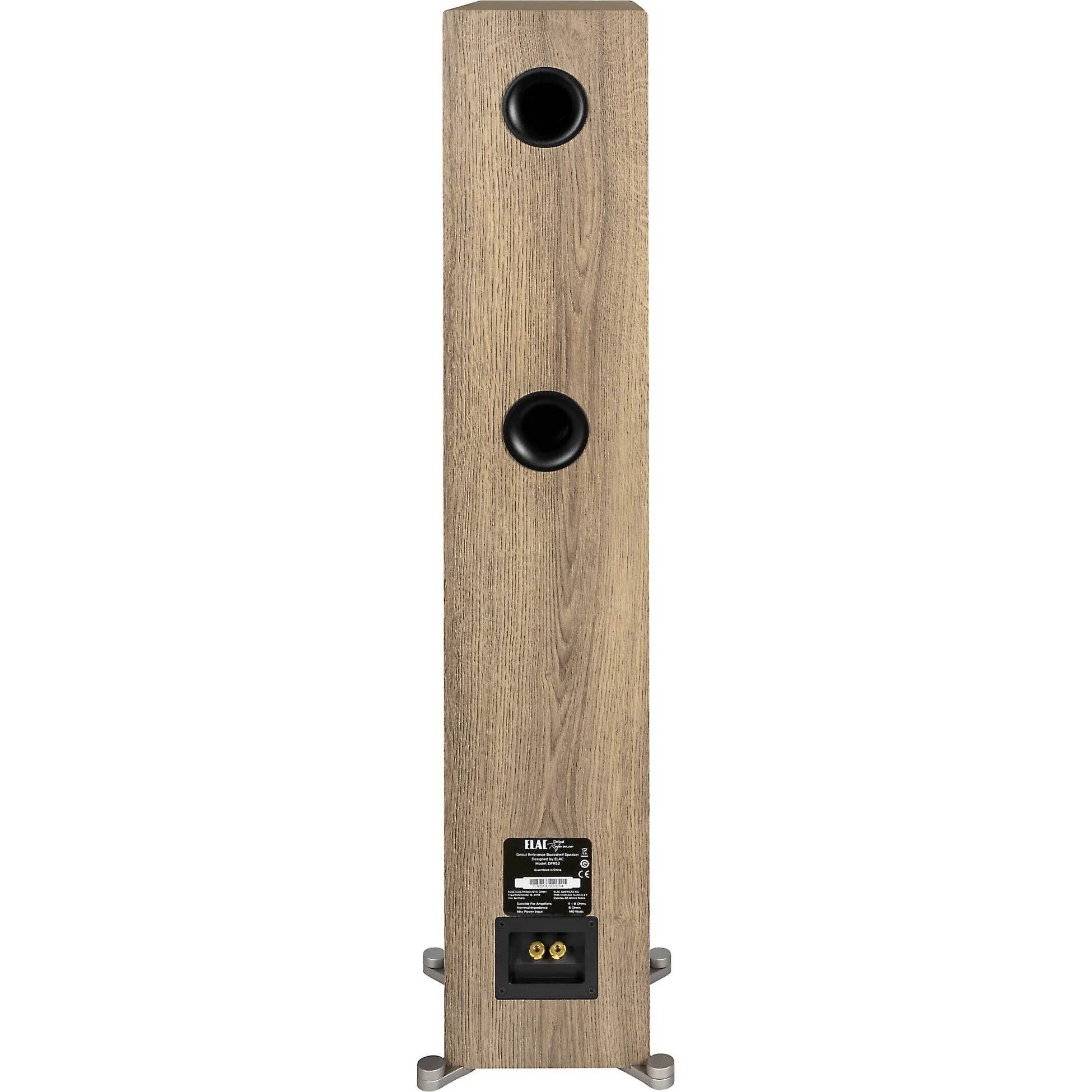 Spate boxă Elac Debut Reference DFR5.2 white-wood cu două porturi bass reflex și conectori audio vizibili.