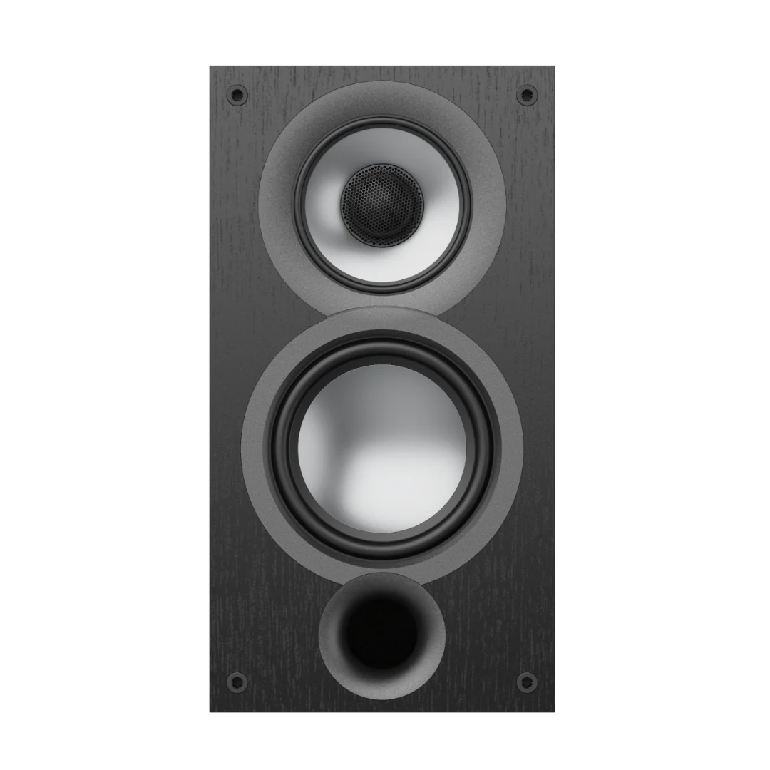 Boxă Elac Uni-Fi UB52 vedere frontală, culoare neagră, cu tweeter, difuzor medii și port bass reflex.