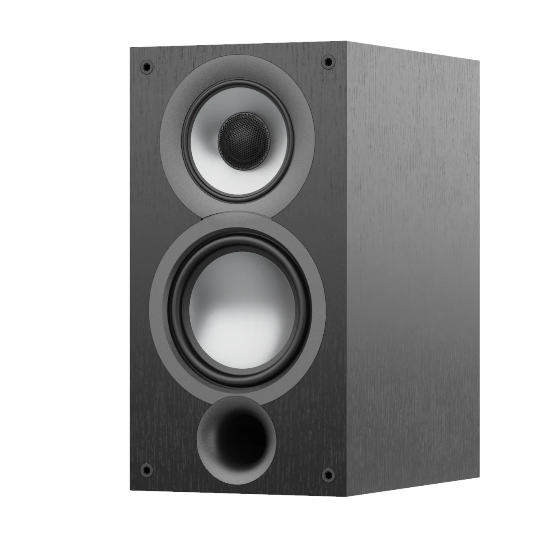 Boxă Elac Uni-Fi UB52 vedere laterală, culoare neagră, cu tweeter, midrange și port bass reflex frontal.