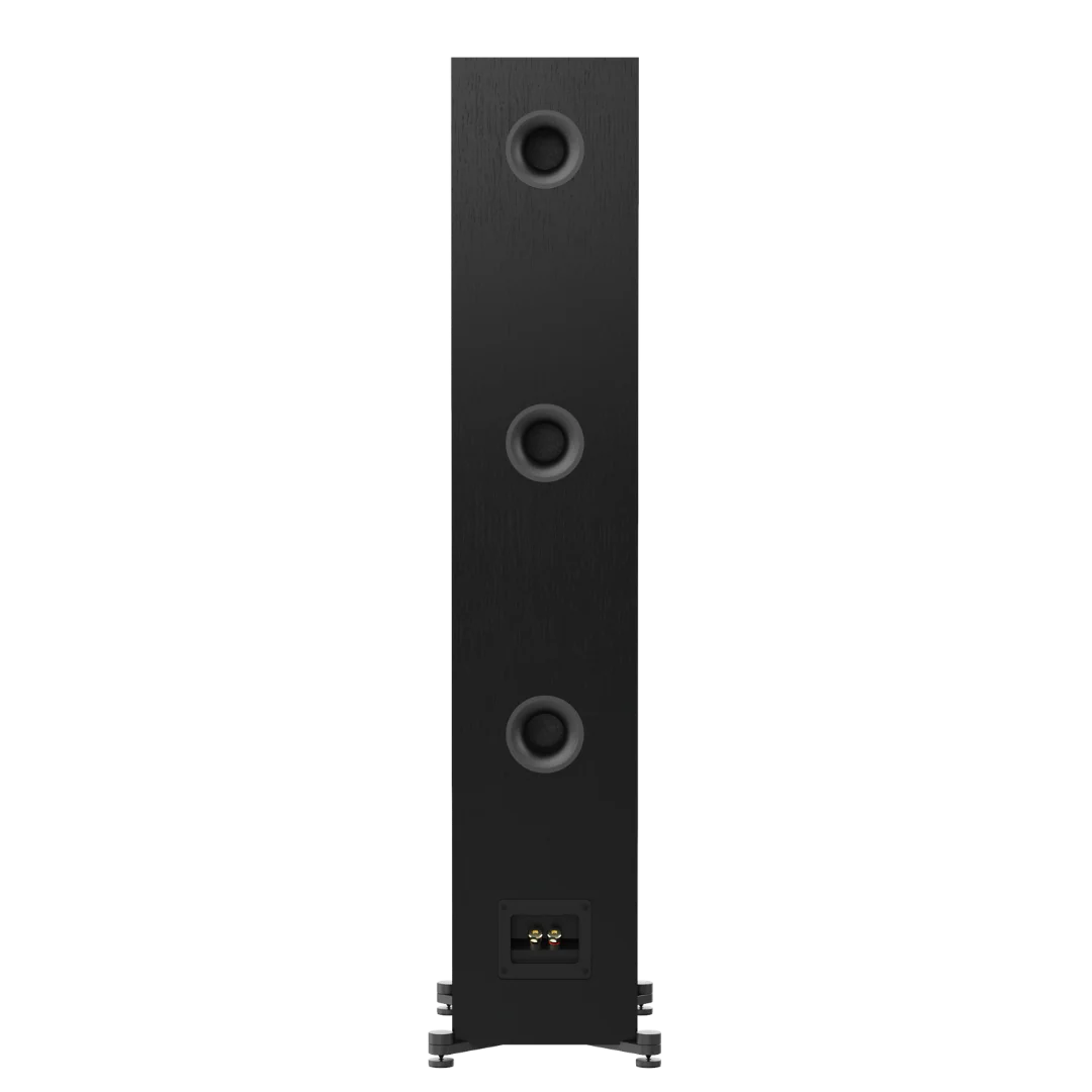 Spatele boxei de podea Elac Uni-Fi UF52 negru, cu trei porturi bass reflex și conectori audio vizibili.