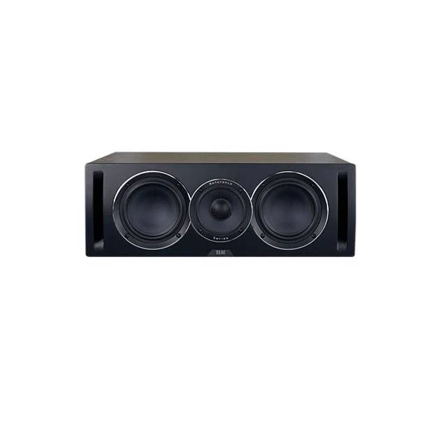 Boxa centru Elac Uni-Fi Reference UCR52, vedere frontală, finisaj Black/Wood, 2 woofere și 1 tweeter.