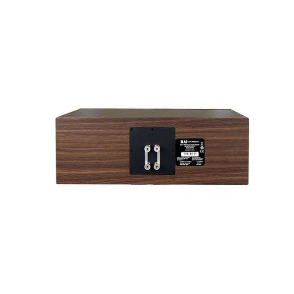 Spate boxă centru Elac Uni-Fi Reference UCR52, finisaj Black Wood, conectori bi-wire și etichetă tehnică.