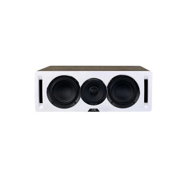 Boxă centrală Elac Uni-Fi Reference UCR52, față albă, vedere frontală cu 3 difuzoare și 2 fante bass reflex.