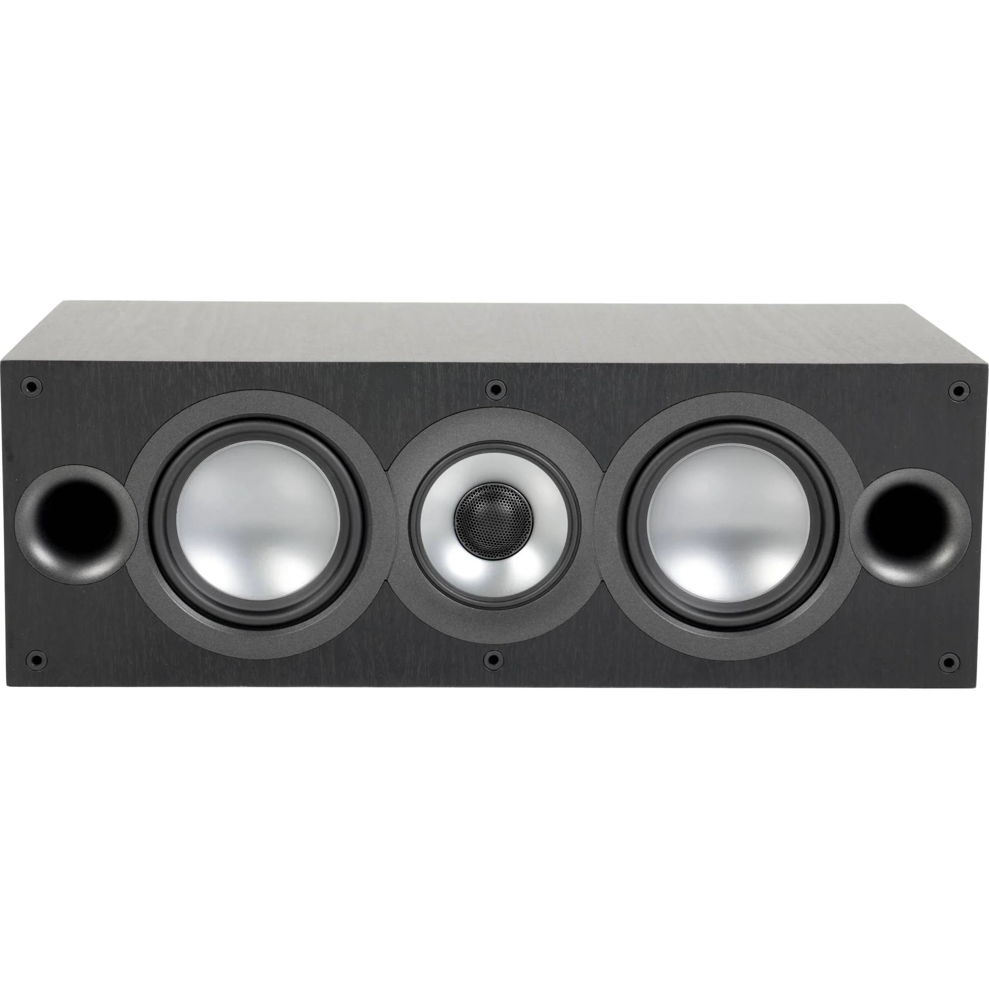 Boxă centrală Elac Uni-Fi UC52 neagră, vedere frontală cu 2 woofere aluminiu, tweeter central și 2 porturi bass reflex.