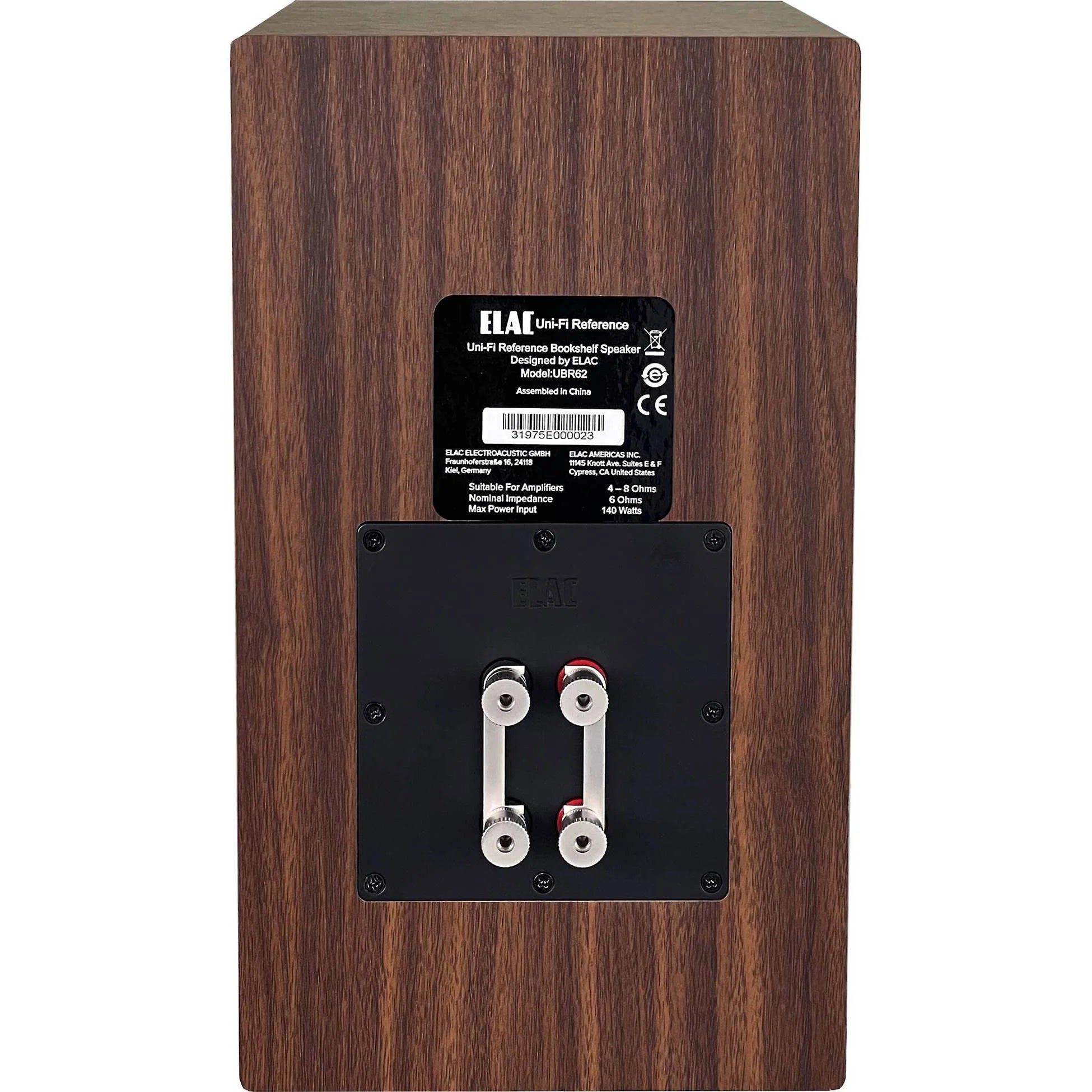 Spatele boxei Elac Uni-Fi Reference UBR62 Black/Wood, conectori bi-wire și etichetă cu specificații.