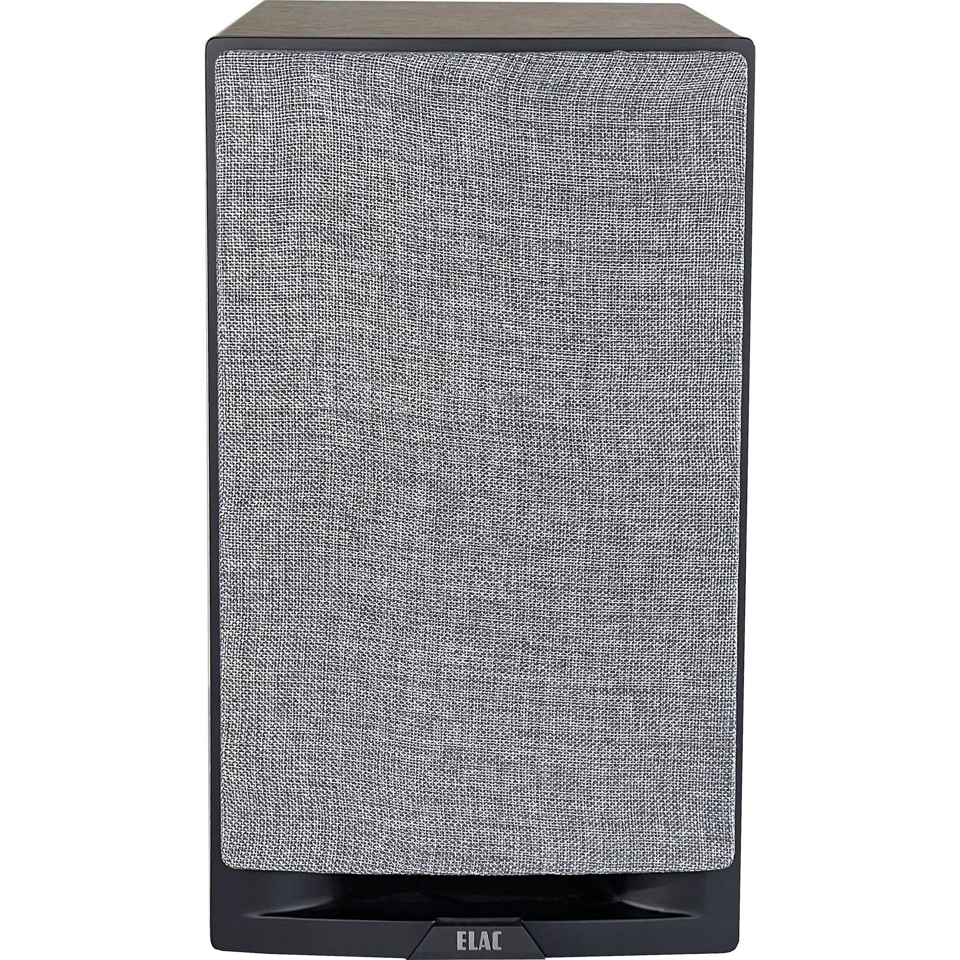 Boxă Elac Uni-Fi Reference UBR62 Black/Wood, vedere frontală cu grilaj textil gri montat, logo Elac vizibil.