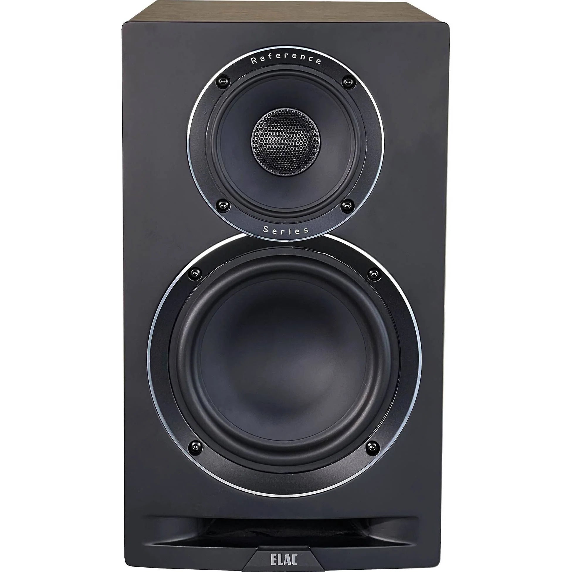 Boxă Elac Uni-Fi Reference UBR62 Black Wood, vedere frontală cu tweeter și woofer vizibile, port bass reflex.